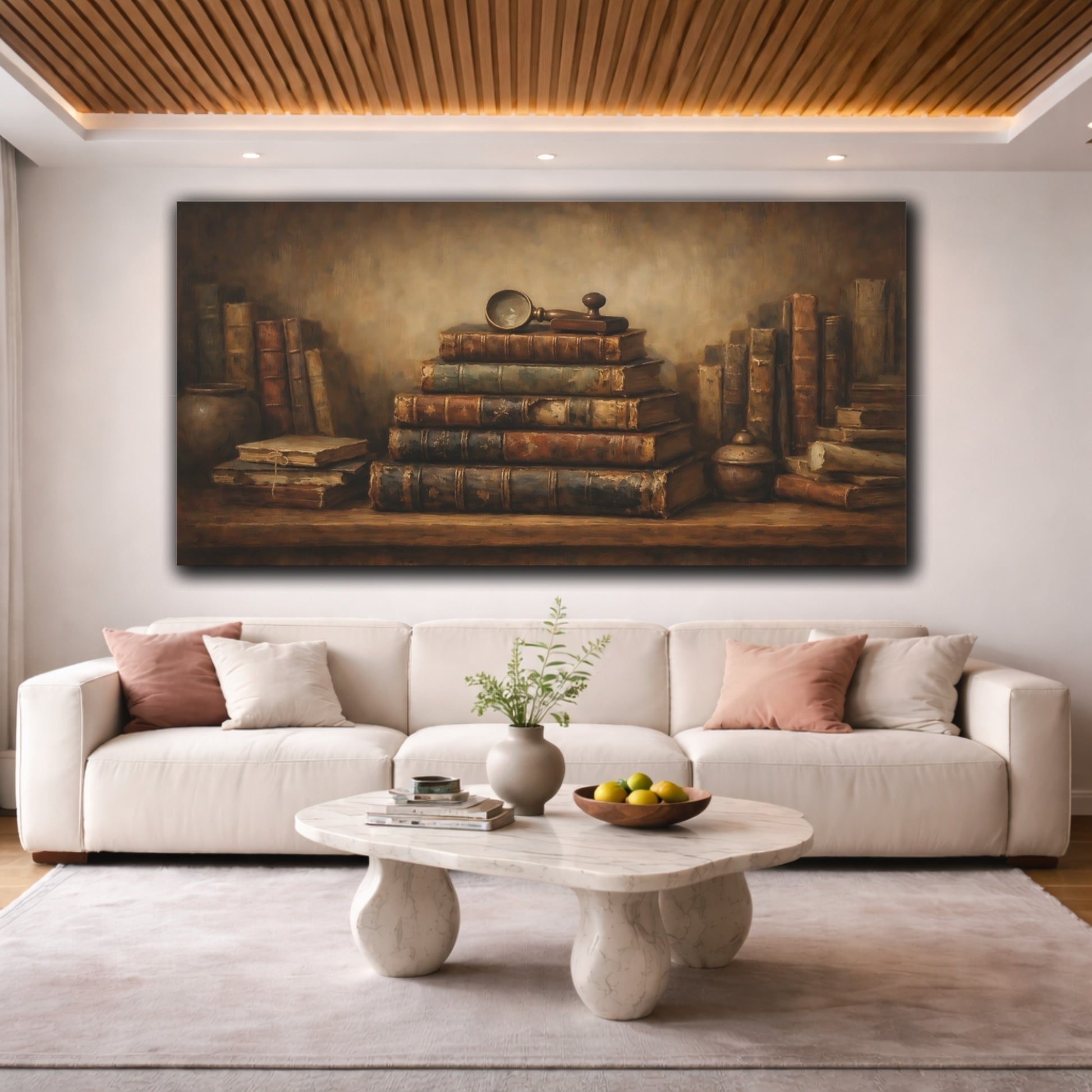 Mockup 3. Vintage Old Books Vintage Bookshelf shown as stretched canvas wall art
