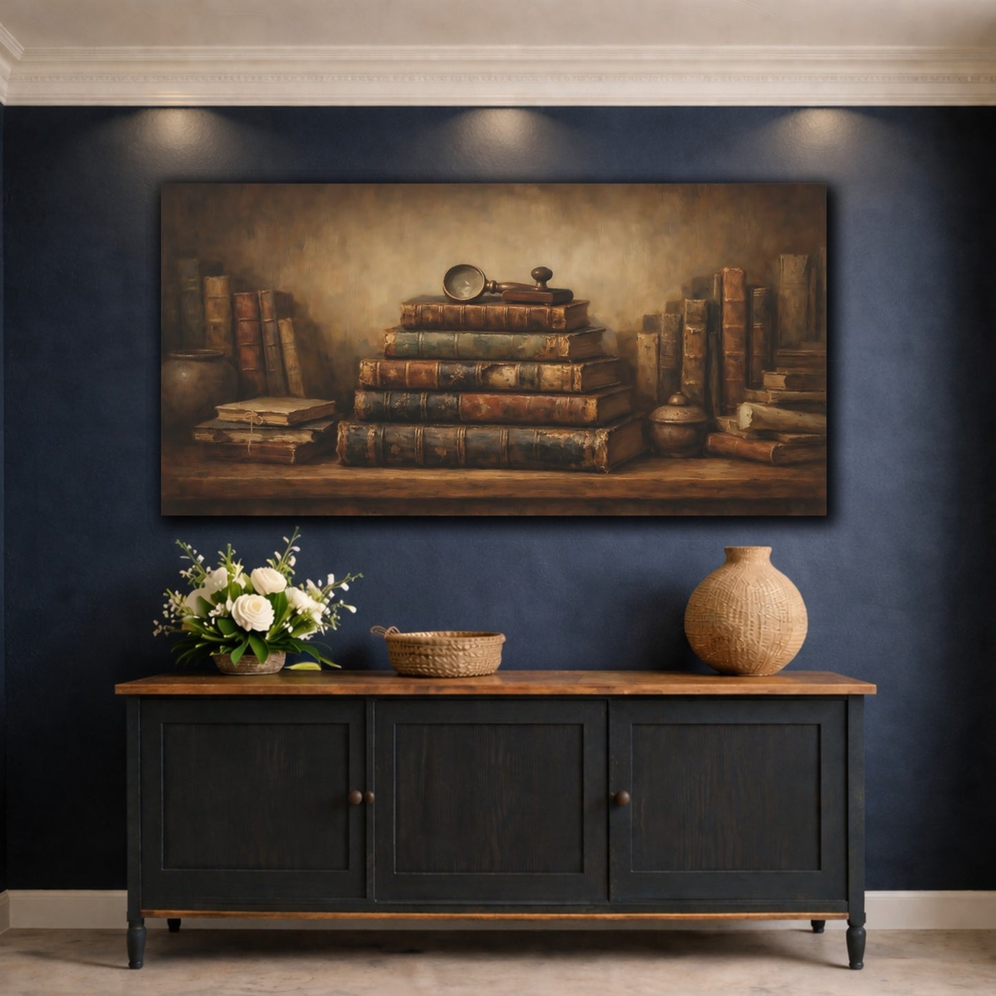 Mockup 4. Vintage Old Books Vintage Bookshelf shown as stretched canvas wall art