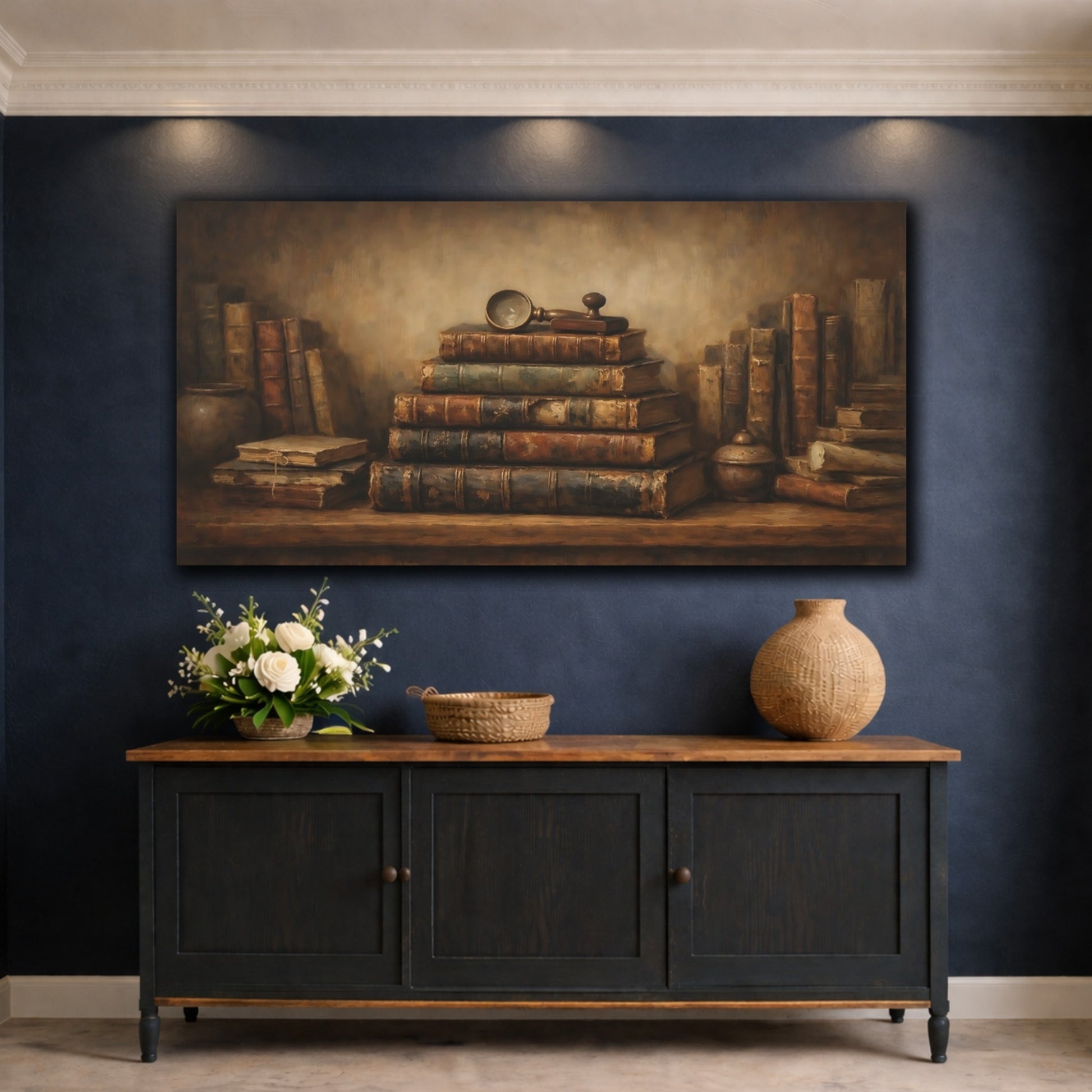 Mockup 4. Vintage Old Books Vintage Bookshelf shown as stretched canvas wall art