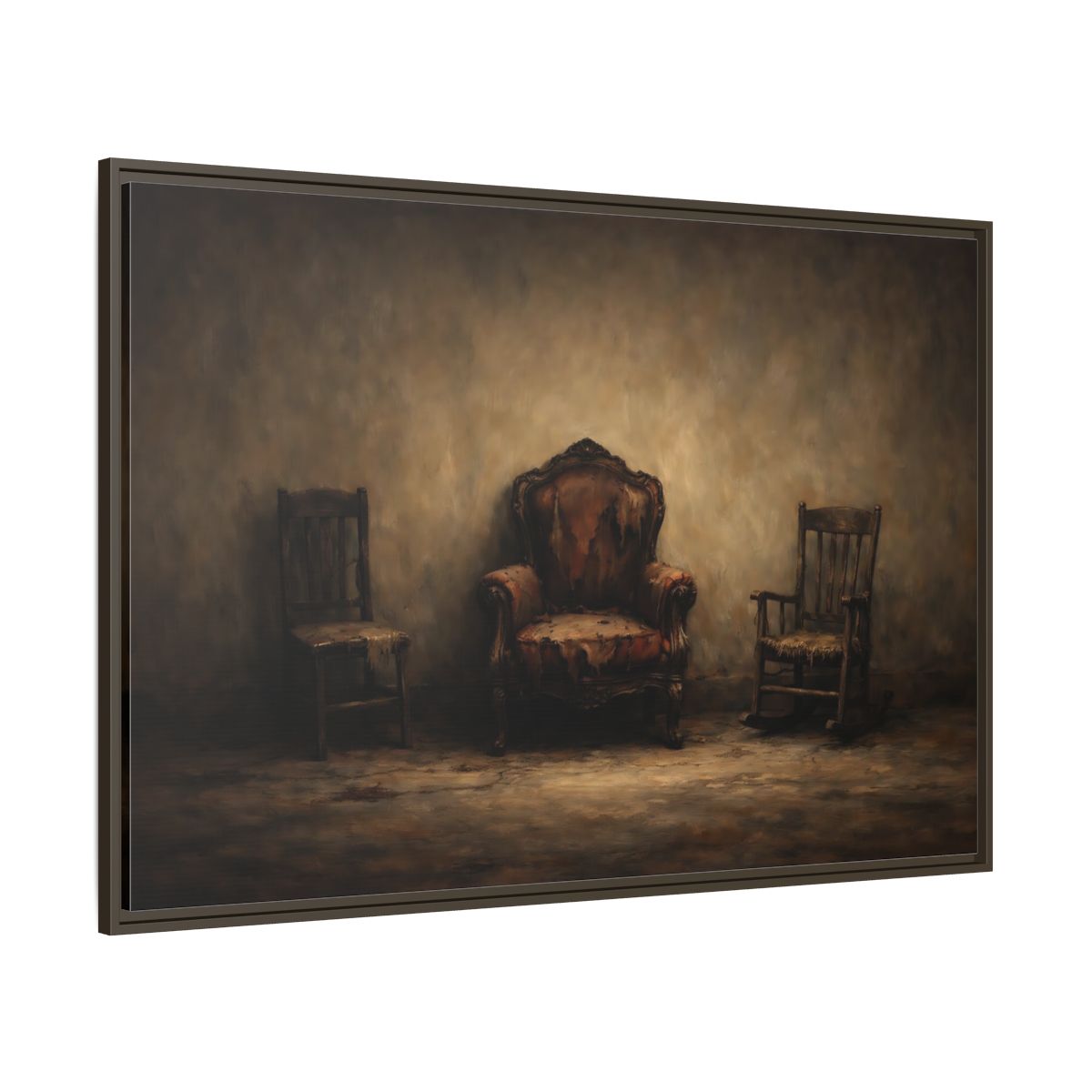 Main Mockup. Vintage Old Chairs Brown And Grey shown as stretched canvas wall art
