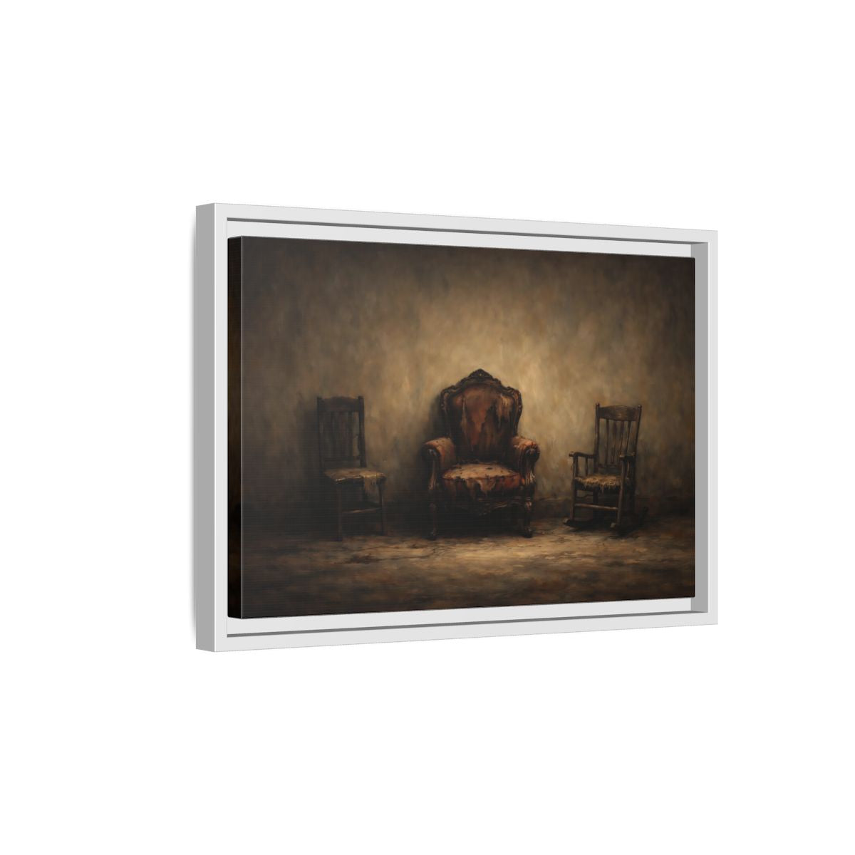 Side Mockup 4. Vintage Old Chairs Brown And Grey shown as stretched canvas wall art