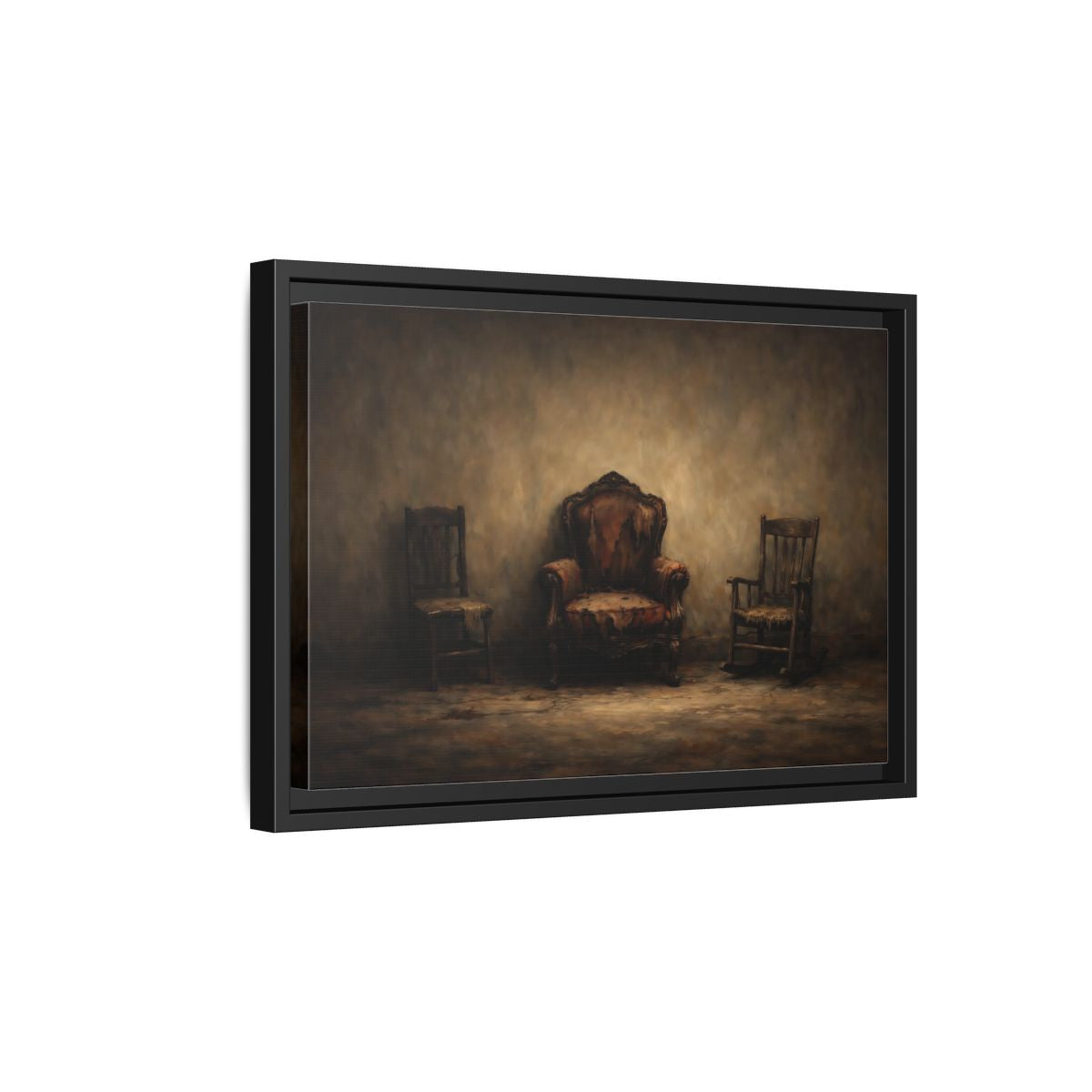 Side Mockup 6. Vintage Old Chairs Brown And Grey shown as stretched canvas wall art