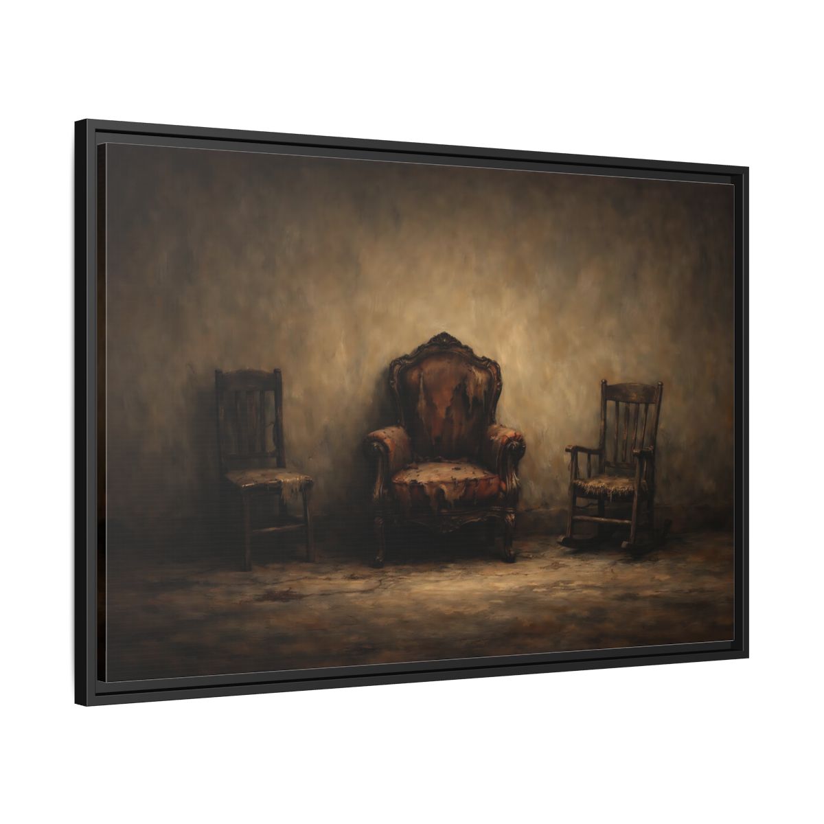 Side Mockup 13. Vintage Old Chairs Brown And Grey shown as stretched canvas wall art