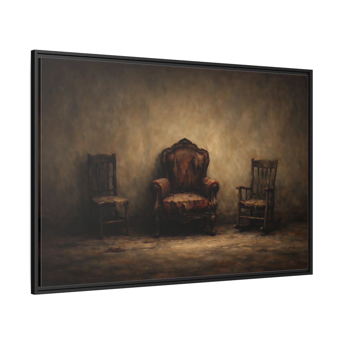 Side Mockup 12. Vintage Old Chairs Brown And Grey shown as stretched canvas wall art