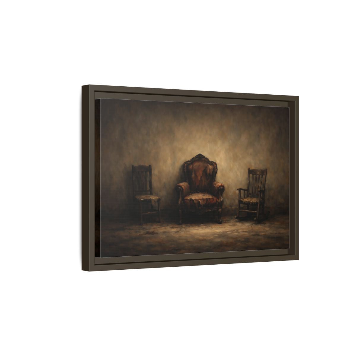 Side Mockup 5. Vintage Old Chairs Brown And Grey shown as stretched canvas wall art