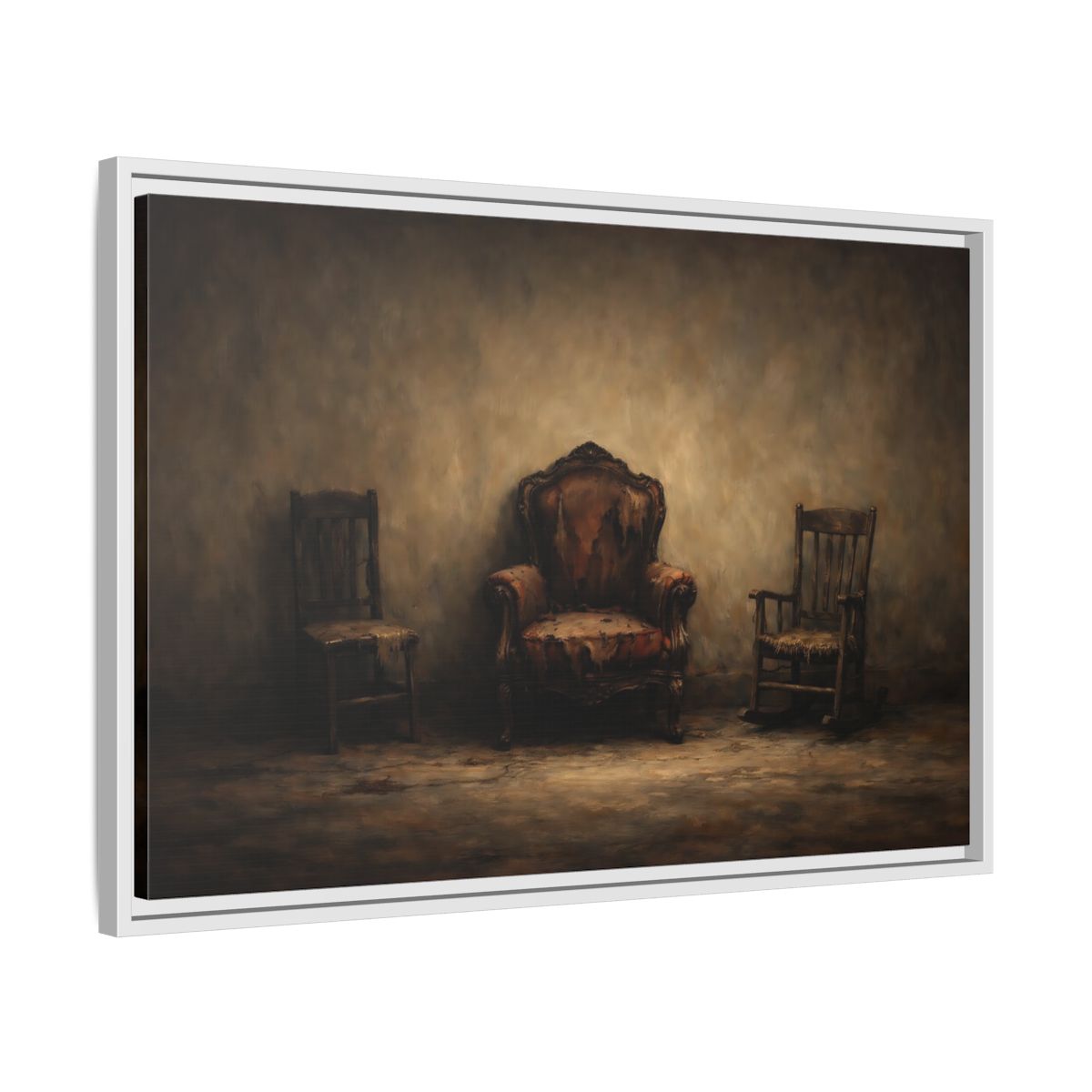 Side Mockup 10. Vintage Old Chairs Brown And Grey shown as stretched canvas wall art