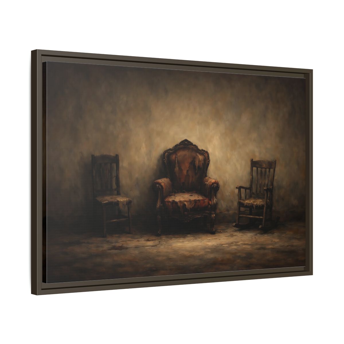 Side Mockup 11. Vintage Old Chairs Brown And Grey shown as stretched canvas wall art
