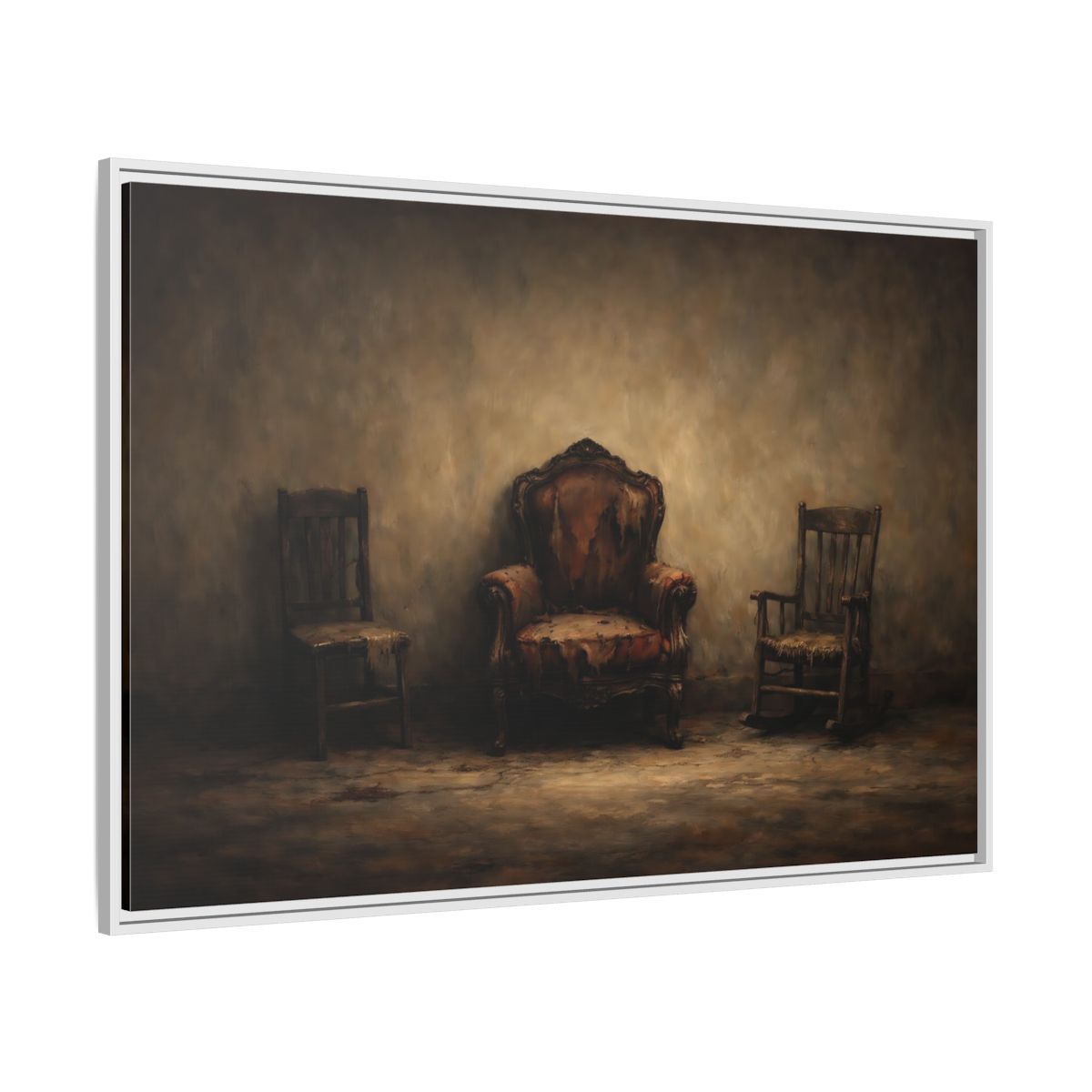 Side Mockup 7. Vintage Old Chairs Brown And Grey shown as stretched canvas wall art