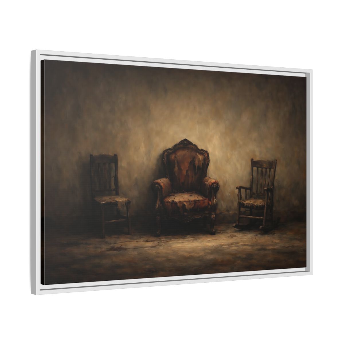 Side Mockup 8. Vintage Old Chairs Brown And Grey shown as stretched canvas wall art