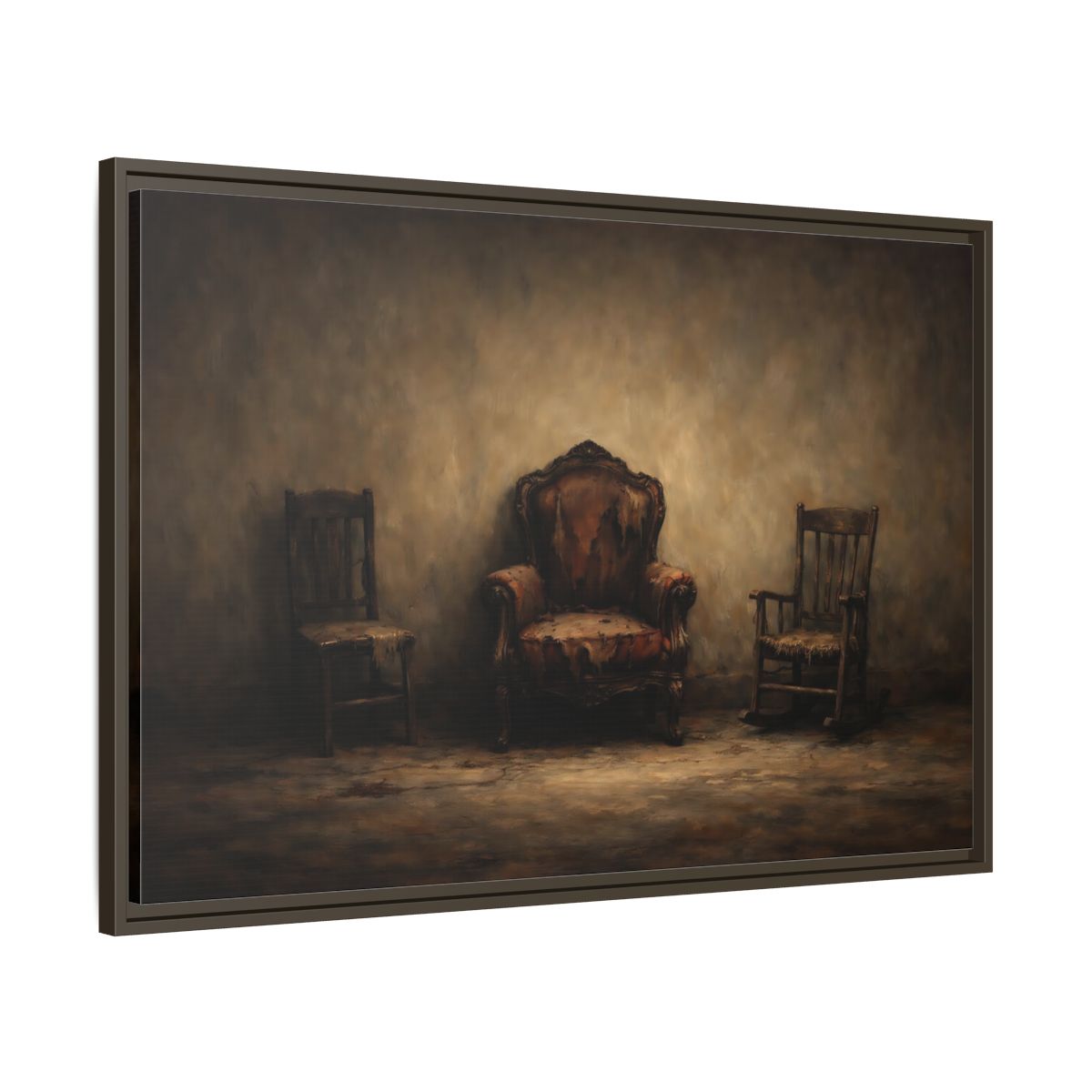 Side Mockup 9. Vintage Old Chairs Brown And Grey shown as stretched canvas wall art