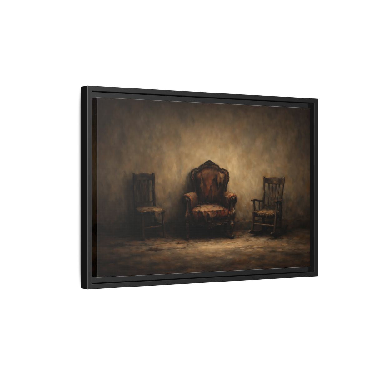 Side Mockup 3. Vintage Old Chairs Brown And Grey shown as stretched canvas wall art
