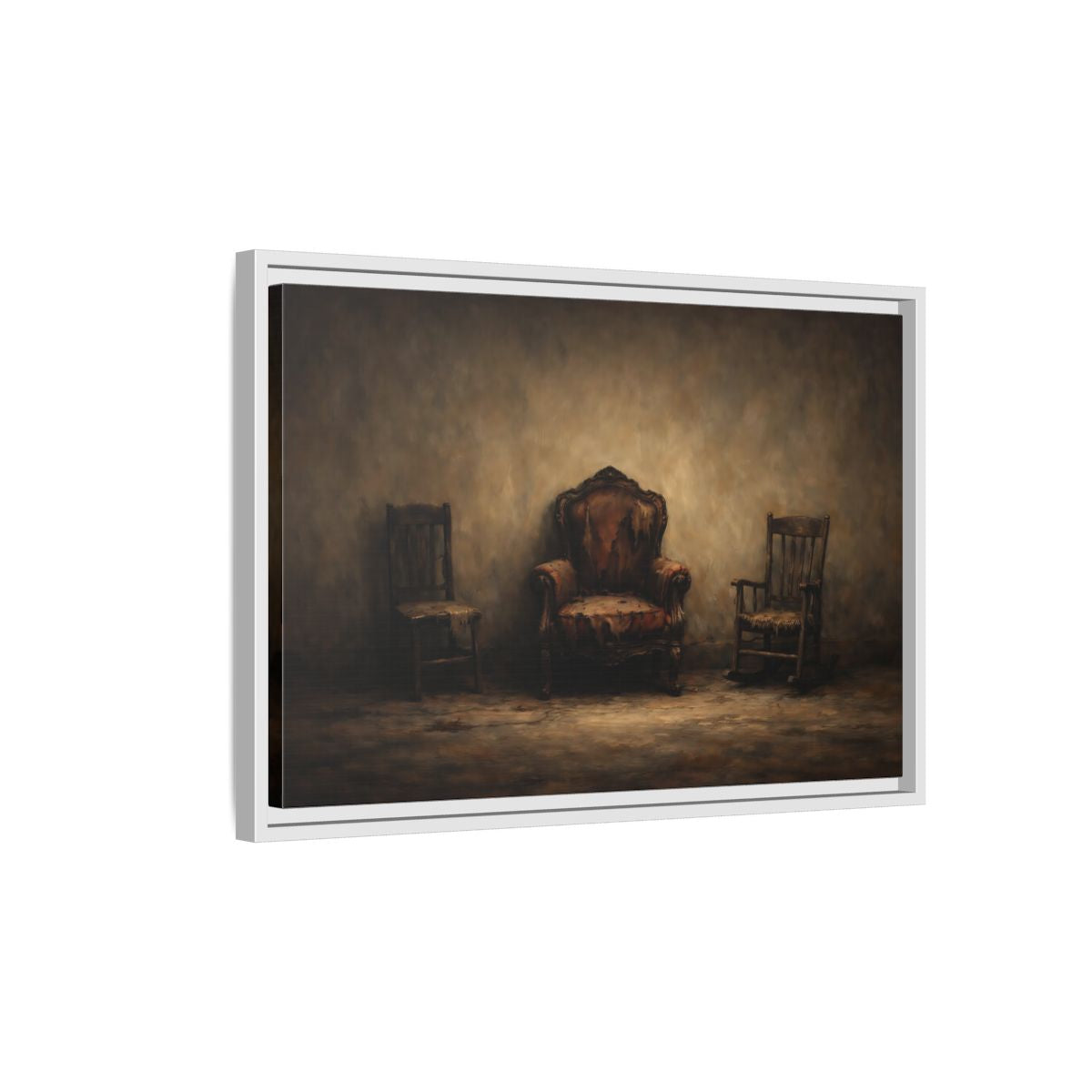 Side Mockup 1. Vintage Old Chairs Brown And Grey shown as stretched canvas wall art