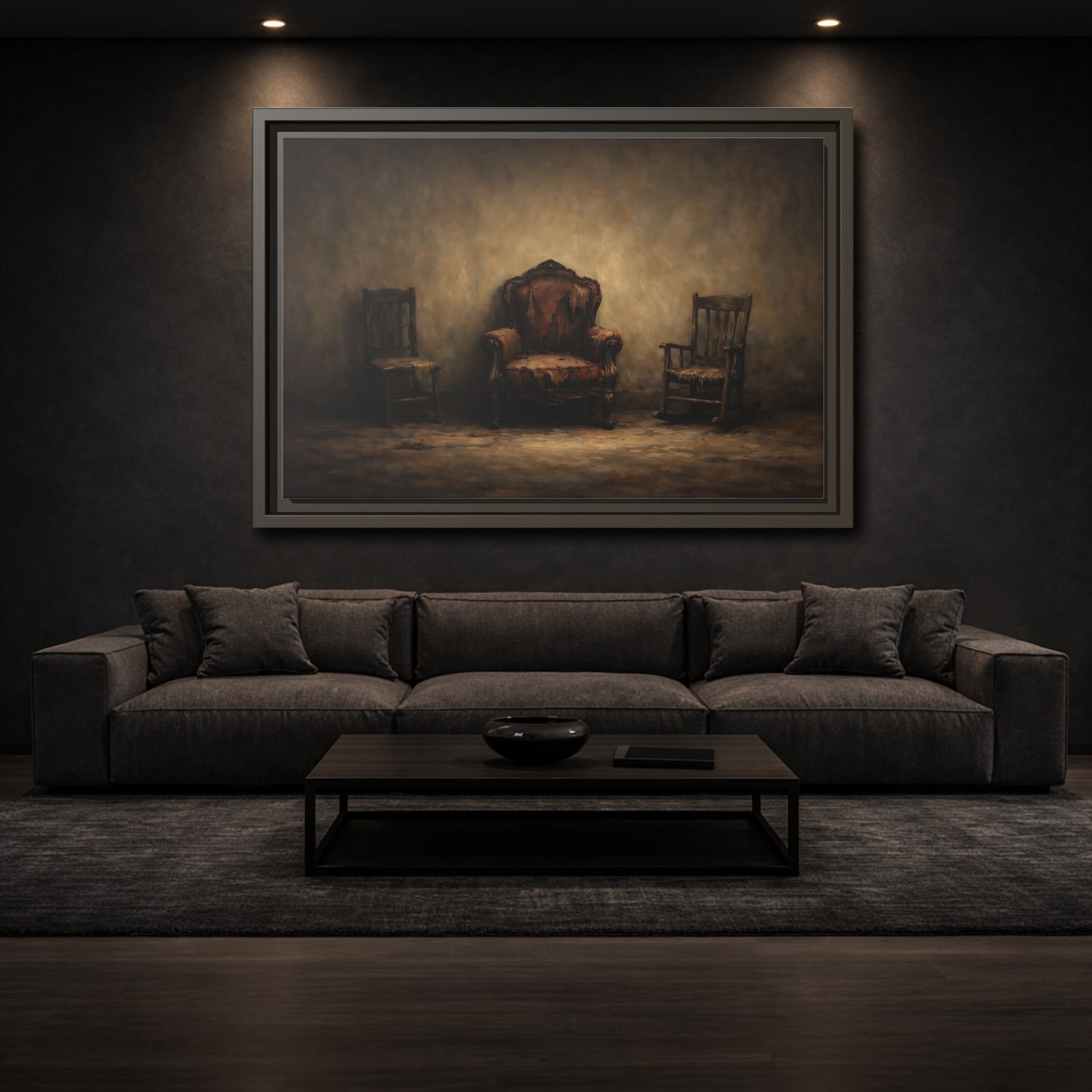 Mockup 2. Vintage Old Chairs Brown And Grey shown as stretched canvas wall art
