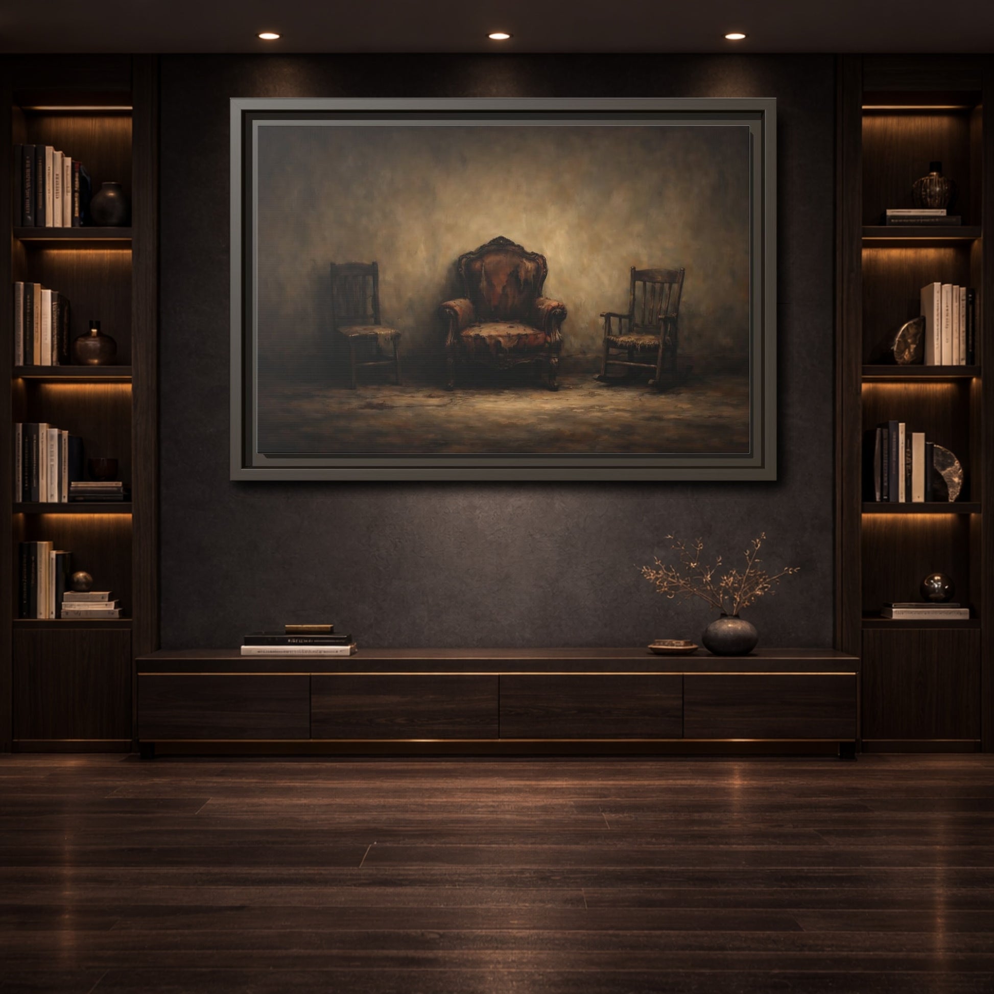 Mockup 3. Vintage Old Chairs Brown And Grey shown as stretched canvas wall art