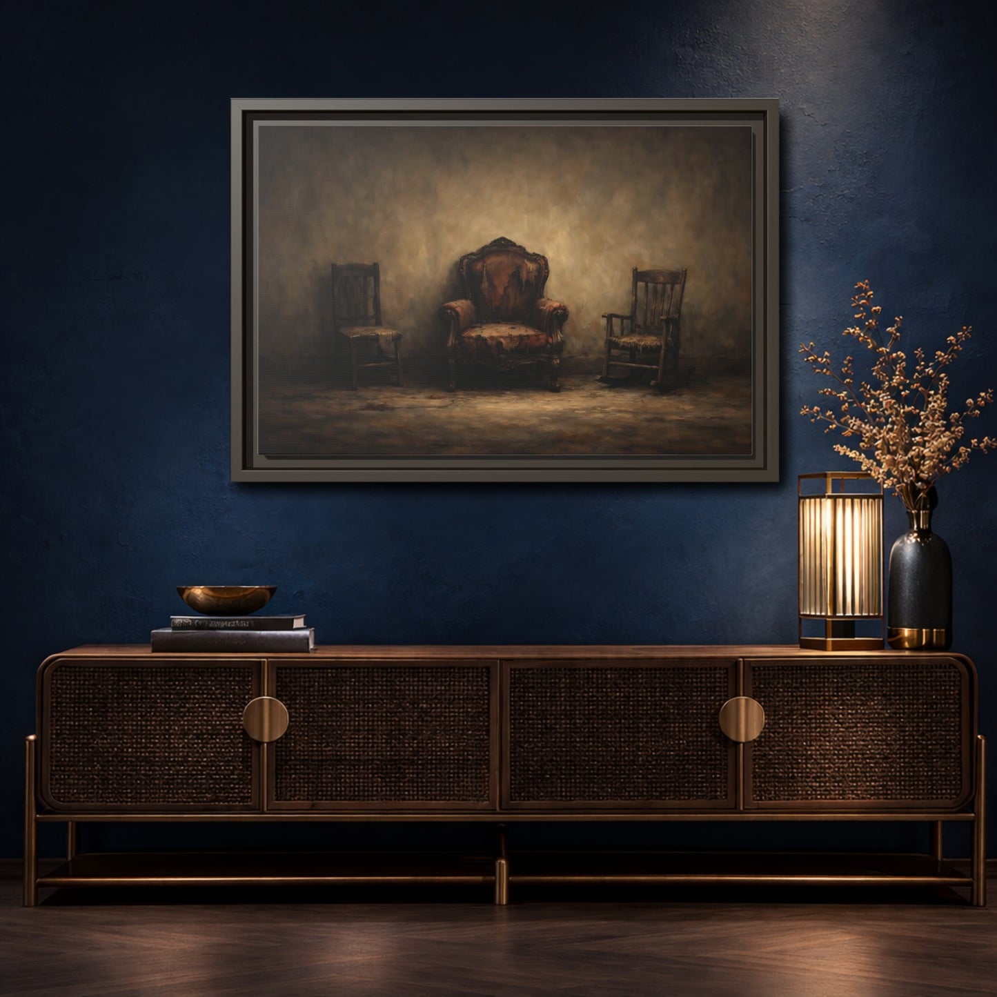 Mockup 4. Vintage Old Chairs Brown And Grey shown as stretched canvas wall art