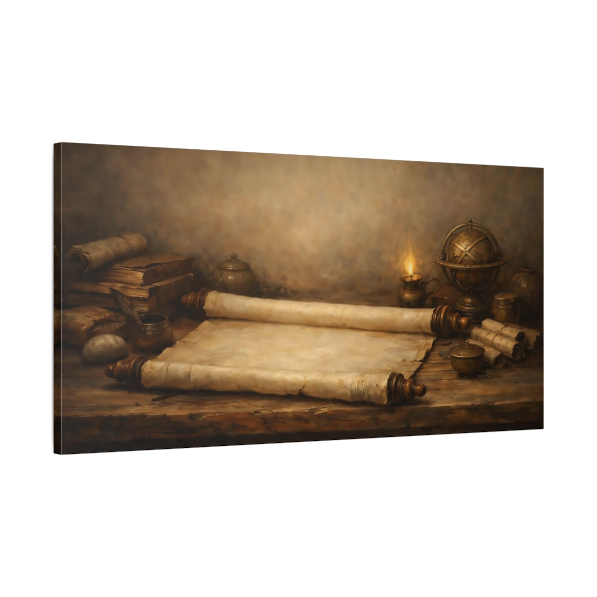 Side Mockup 1. Vintage Old Scrolls Brown And Gold shown as stretched canvas wall art