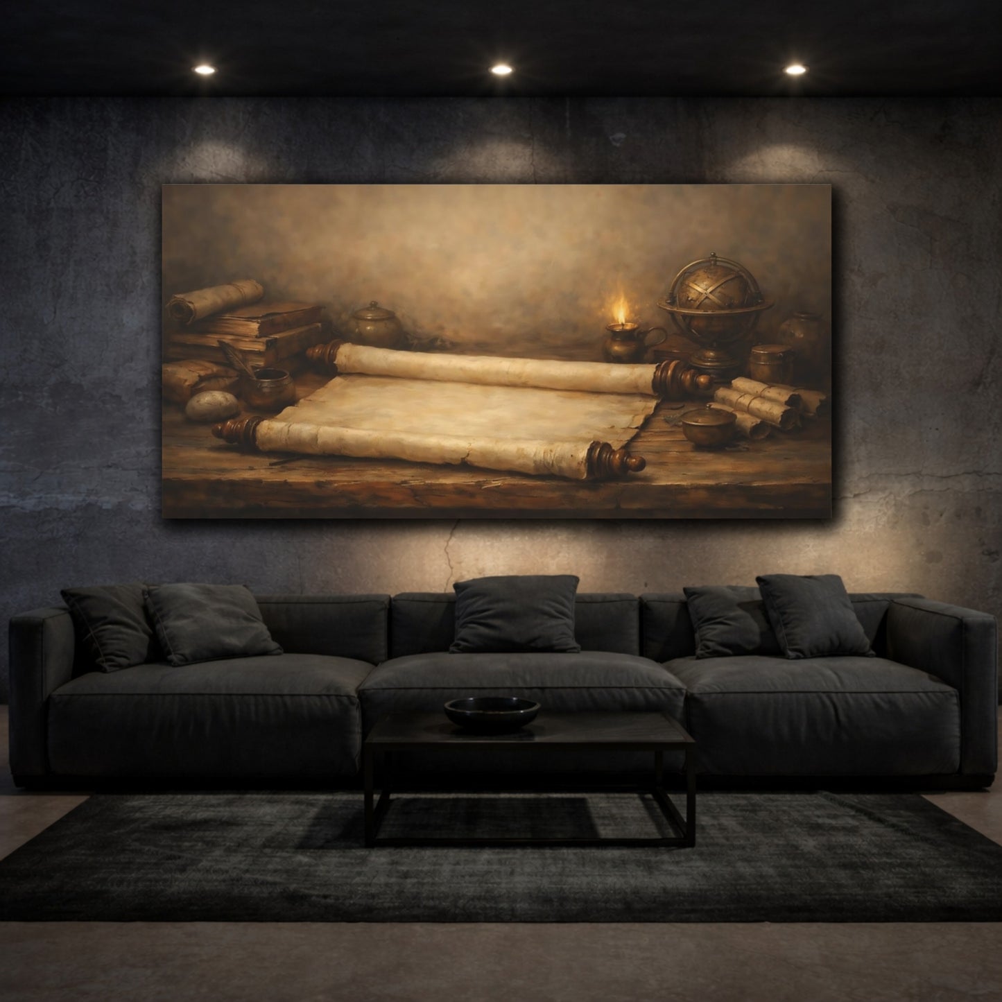 Mockup 2. Vintage Old Scrolls Brown And Gold shown as stretched canvas wall art