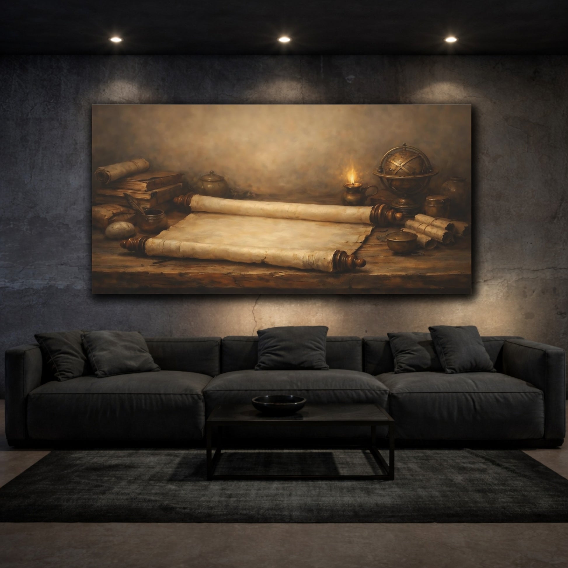 Mockup 2. Vintage Old Scrolls Brown And Gold shown as stretched canvas wall art