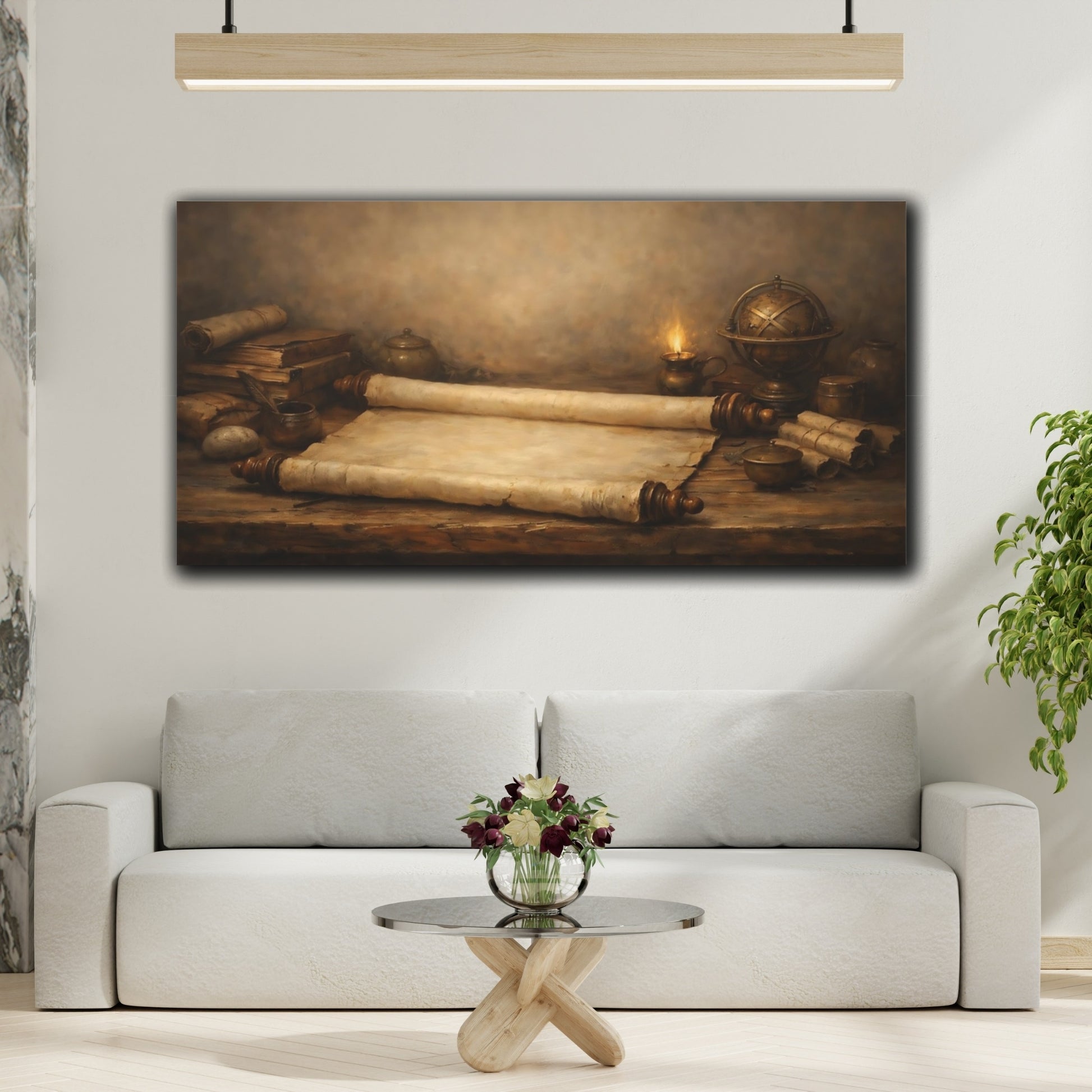 Mockup 3. Vintage Old Scrolls Brown And Gold shown as stretched canvas wall art