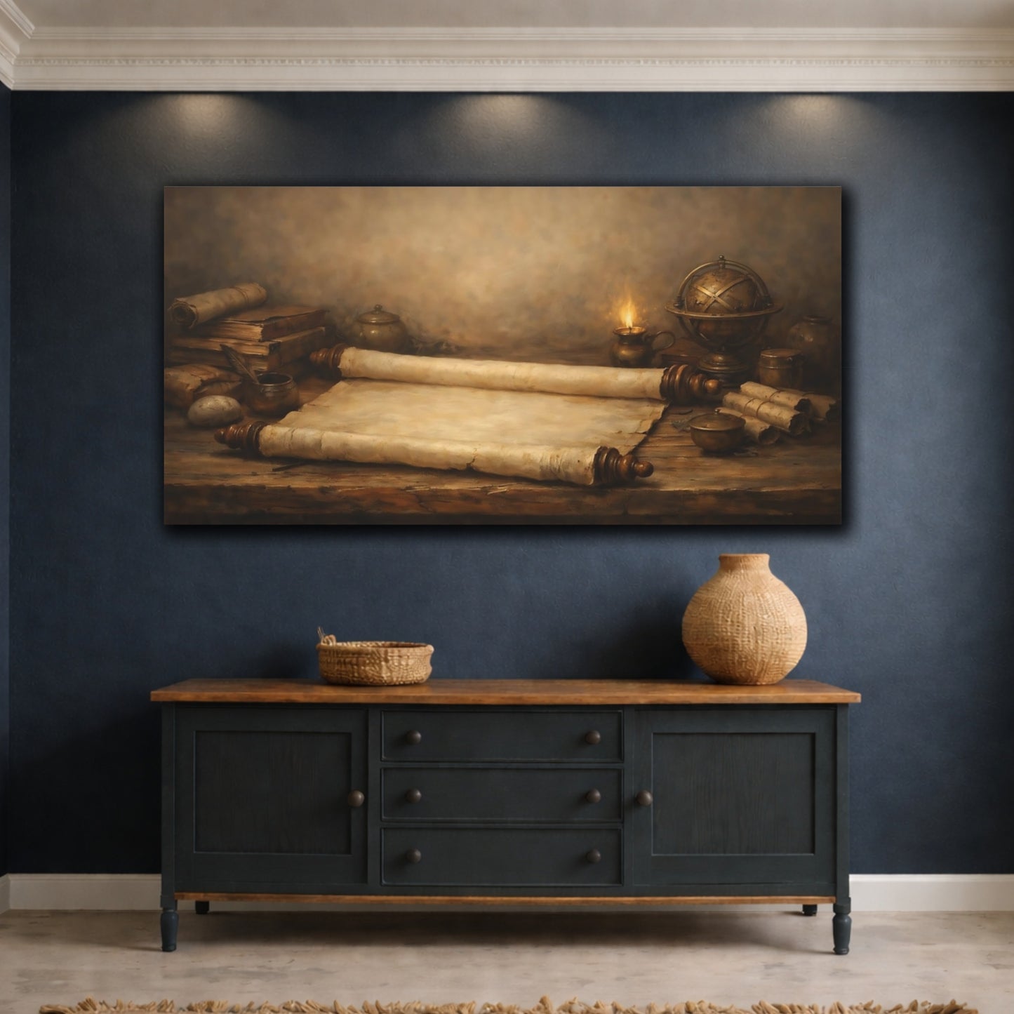 Mockup 4. Vintage Old Scrolls Brown And Gold shown as stretched canvas wall art
