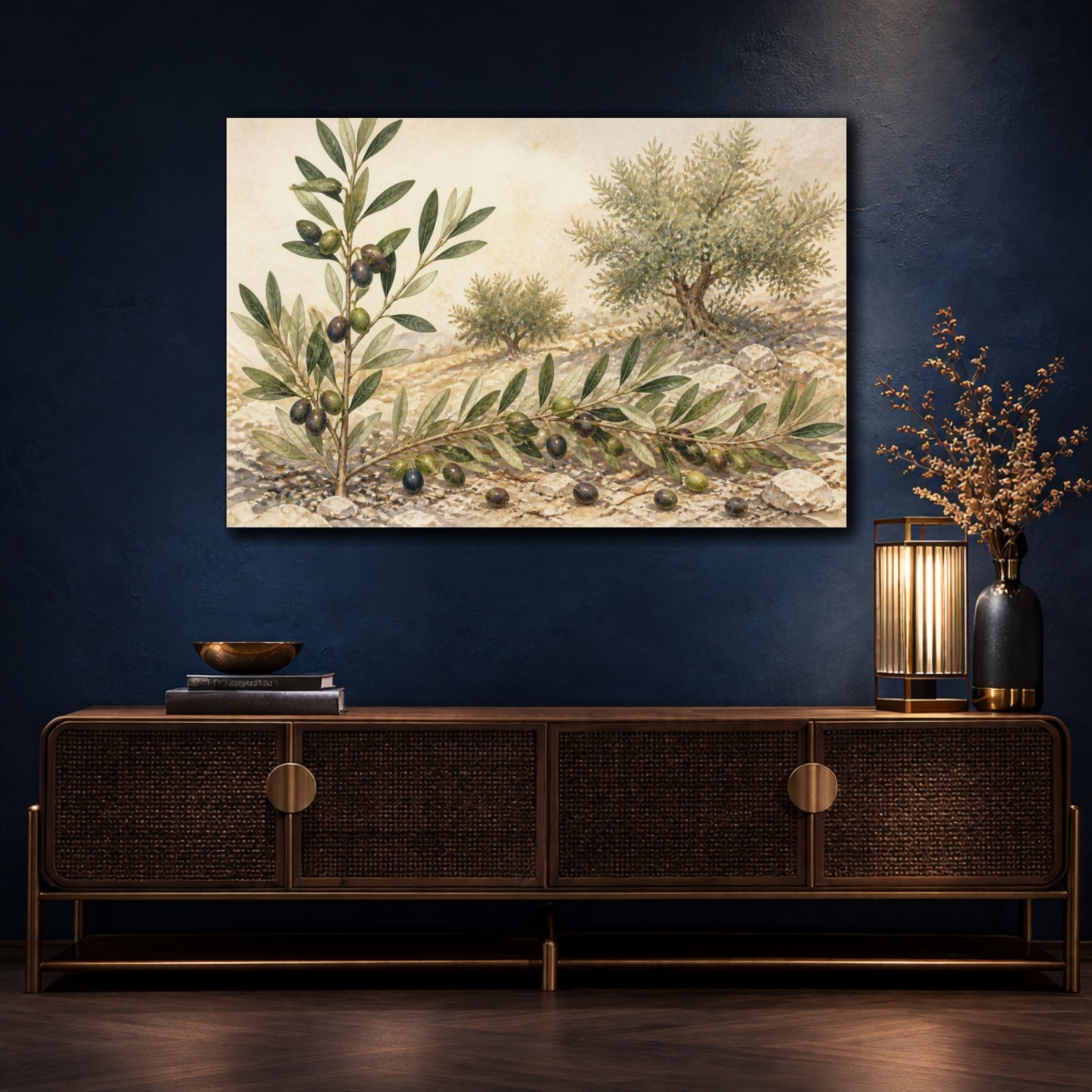 Mockup 4. Vintage Olive Branch Study shown as canvas print