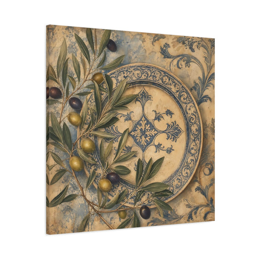 Main Mockup. Vintage Olive Branches Vintage Olive Blue shown as stretched canvas wall art