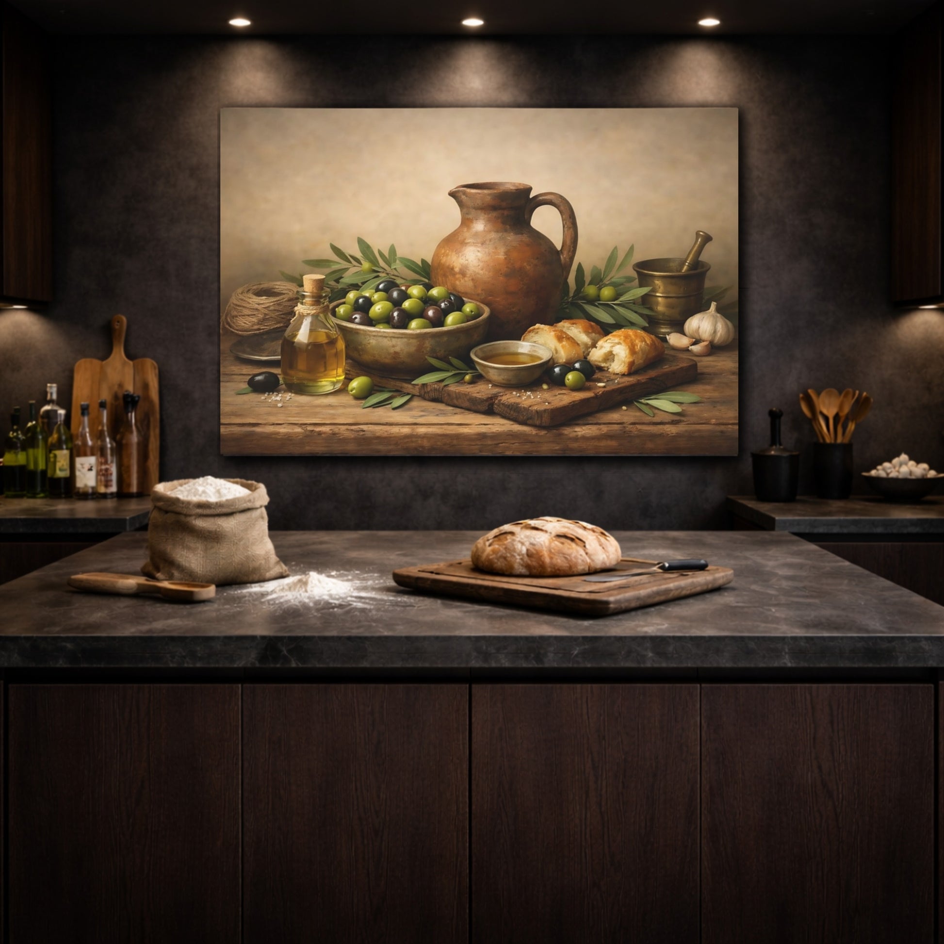 Vintage Olives Olive Still Life shown as front canvas room wall art