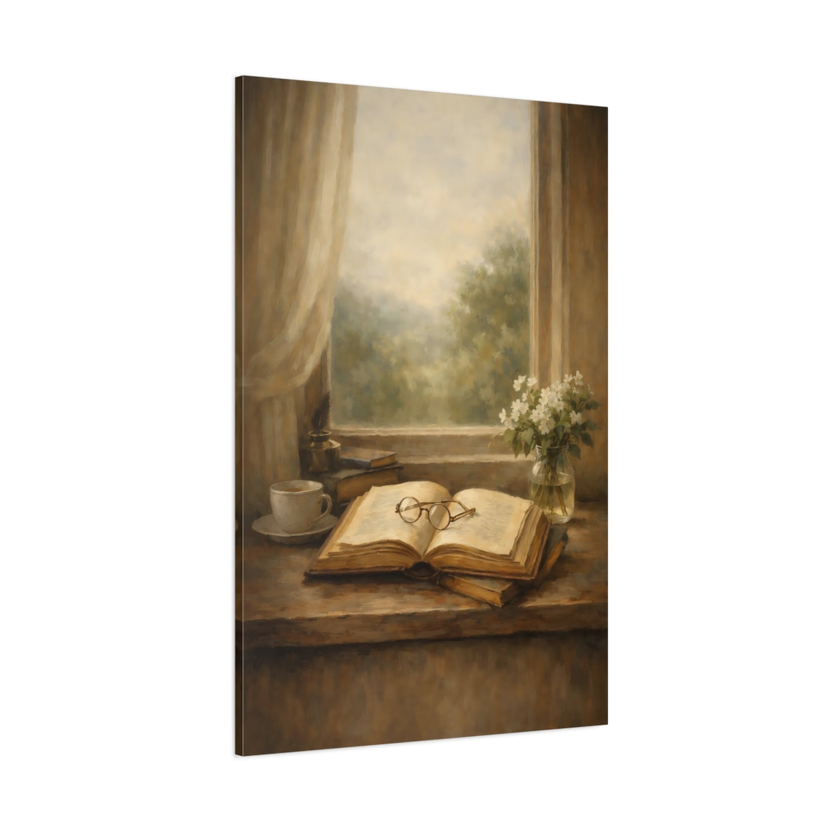 Main Mockup. Vintage Open Book Brown And Beige shown as stretched canvas wall art