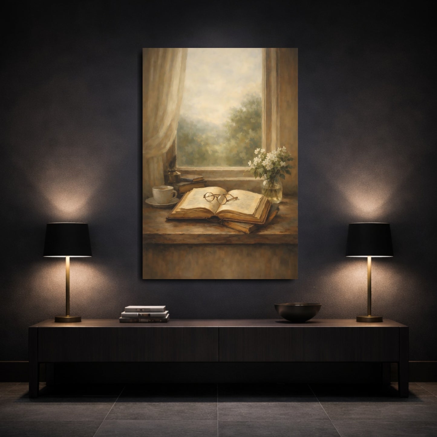 Mockup 2. Vintage Open Book Brown And Beige shown as stretched canvas wall art