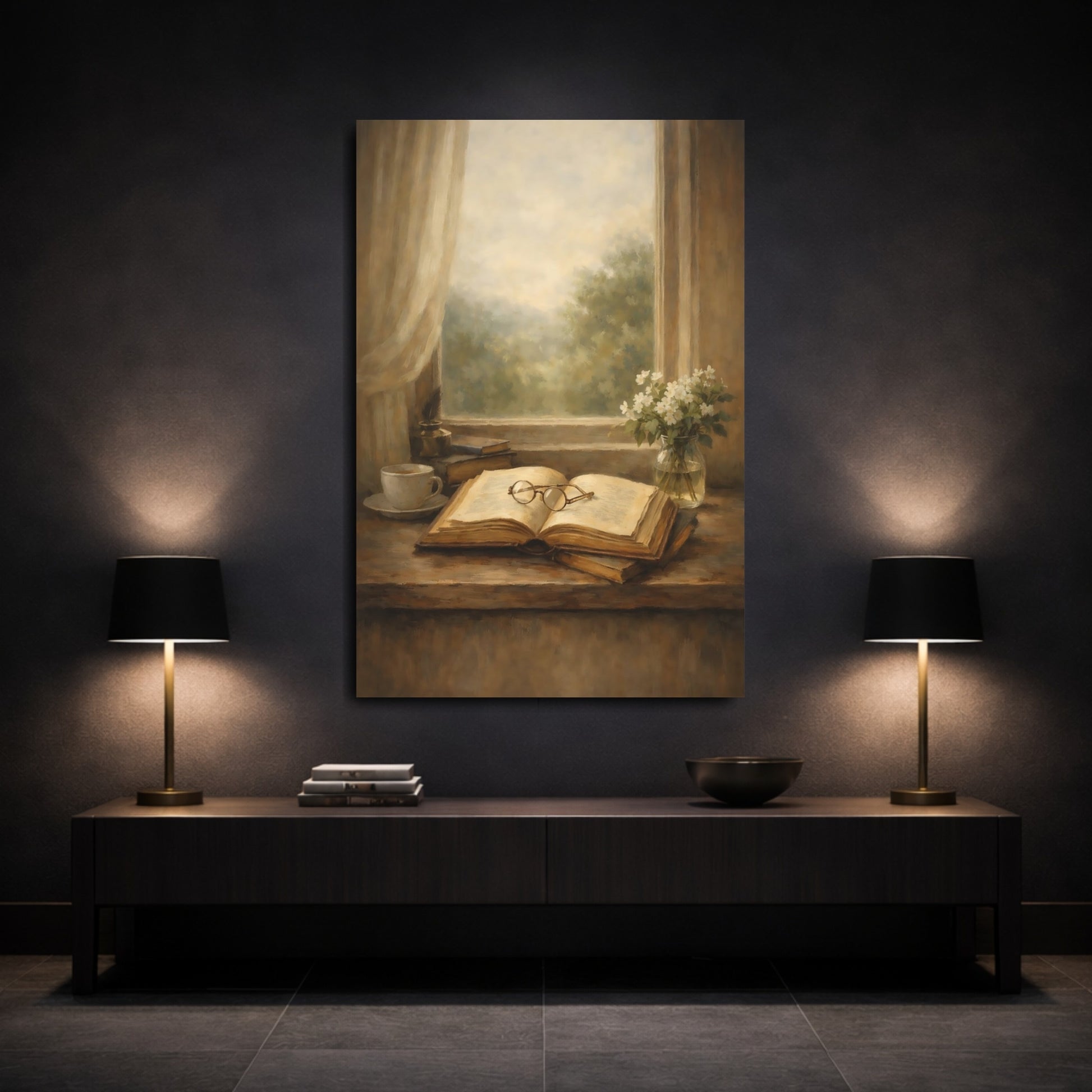Mockup 2. Vintage Open Book Brown And Beige shown as stretched canvas wall art