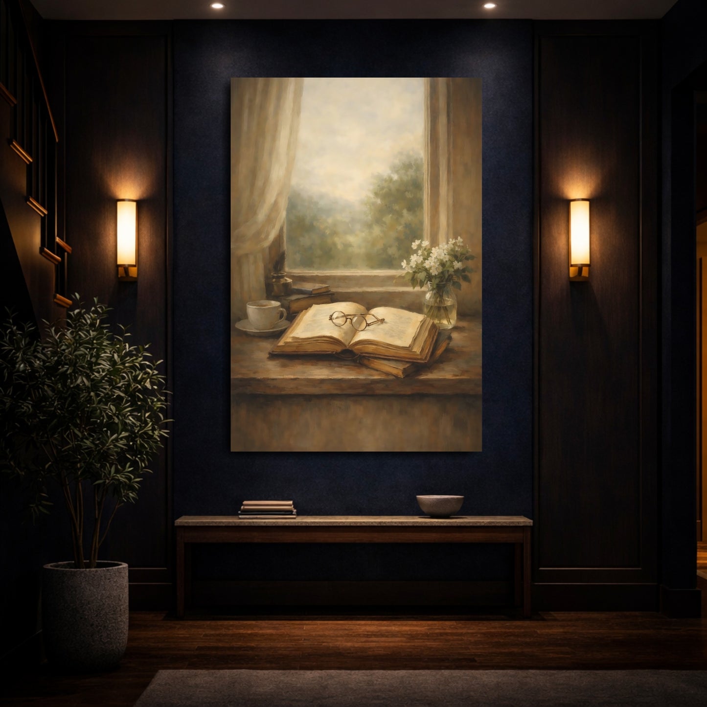 Mockup 3. Vintage Open Book Brown And Beige shown as stretched canvas wall art