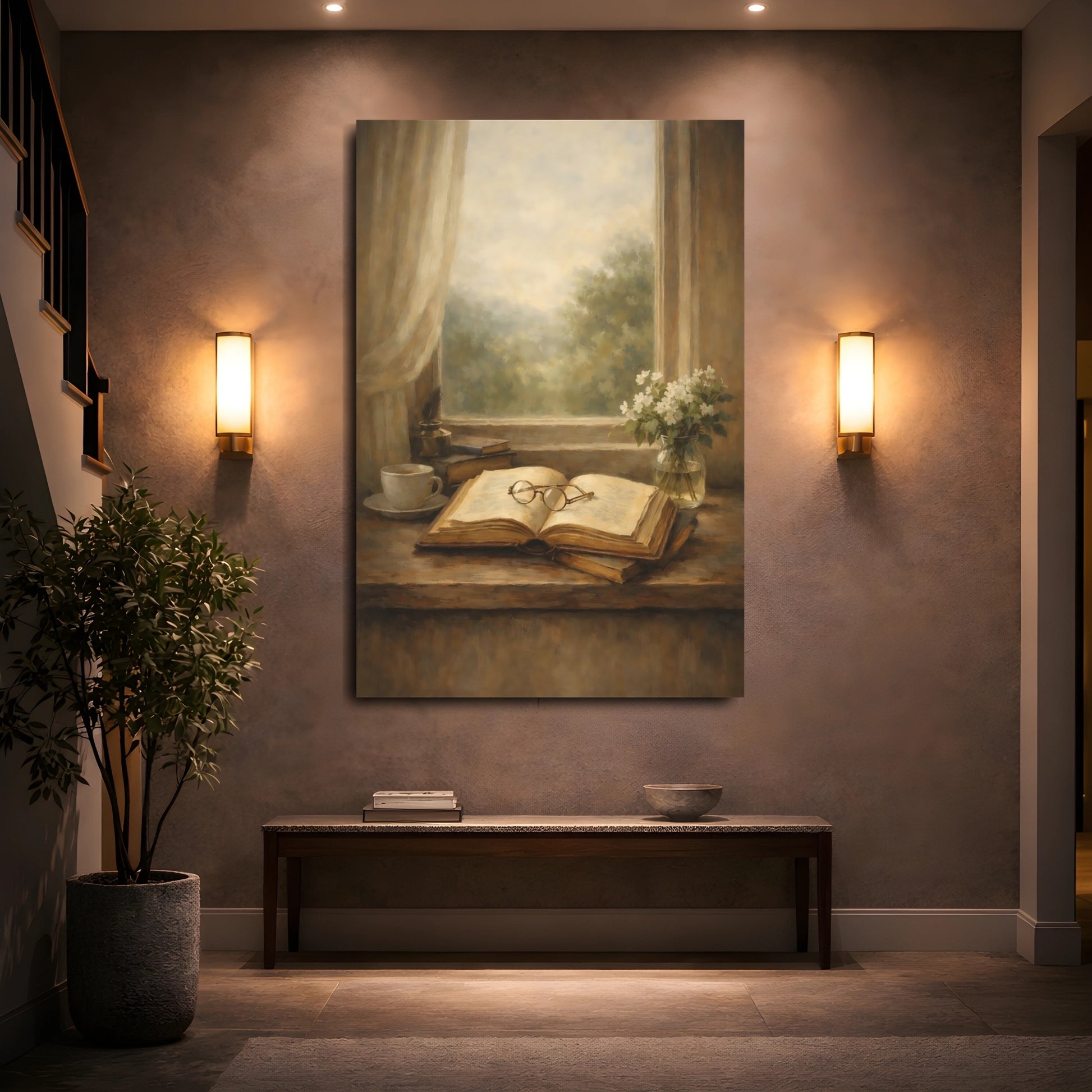 Mockup 4. Vintage Open Book Brown And Beige shown as stretched canvas wall art