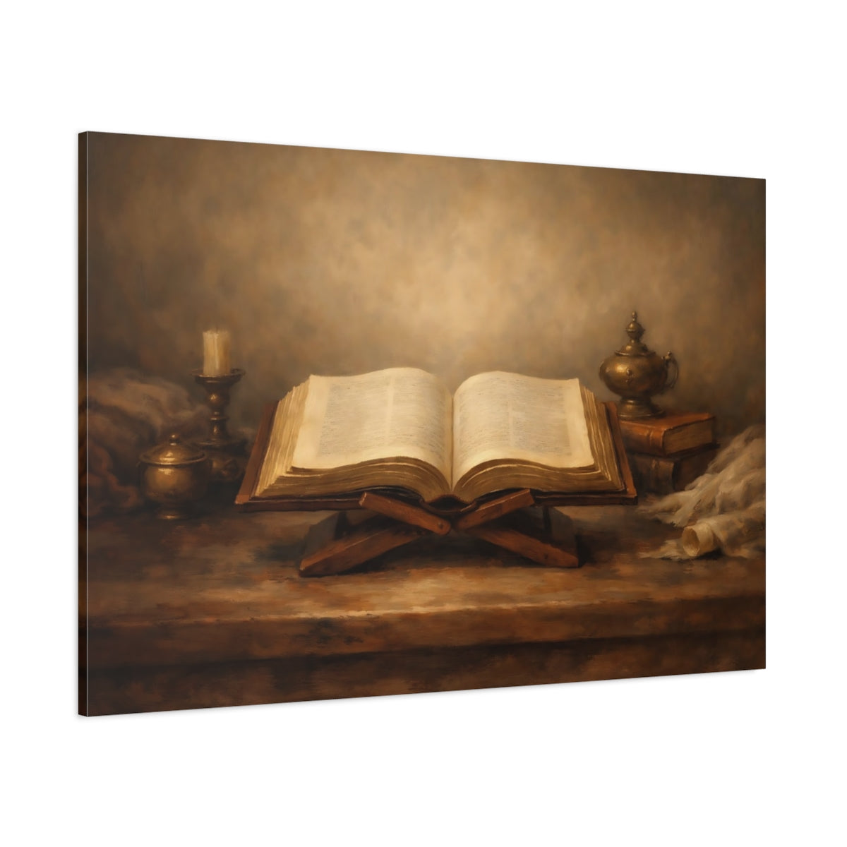 Main Mockup. Vintage Open Book Brown And Gold shown as stretched canvas wall art
