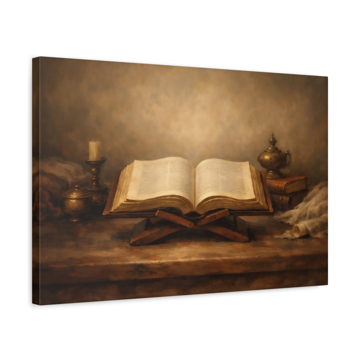 Side Mockup 3. Vintage Open Book Brown And Gold shown as stretched canvas wall art