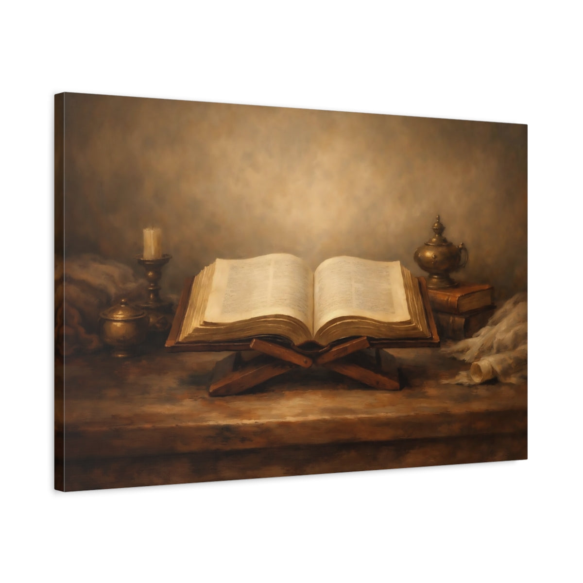 Side Mockup 2. Vintage Open Book Brown And Gold shown as stretched canvas wall art