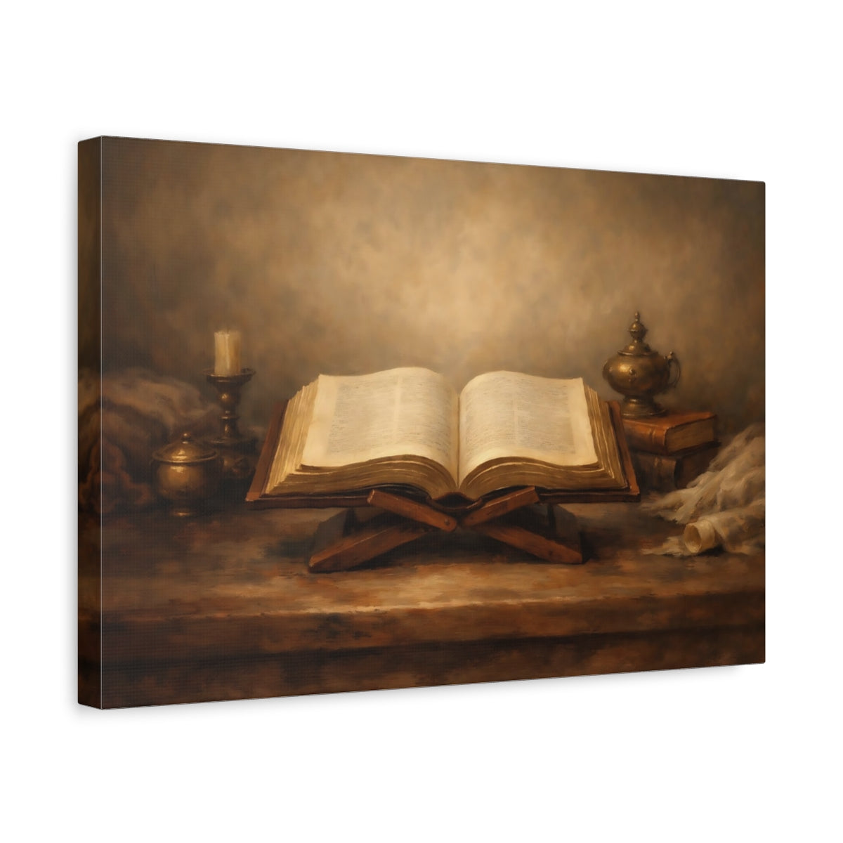 Side Mockup 4. Vintage Open Book Brown And Gold shown as stretched canvas wall art