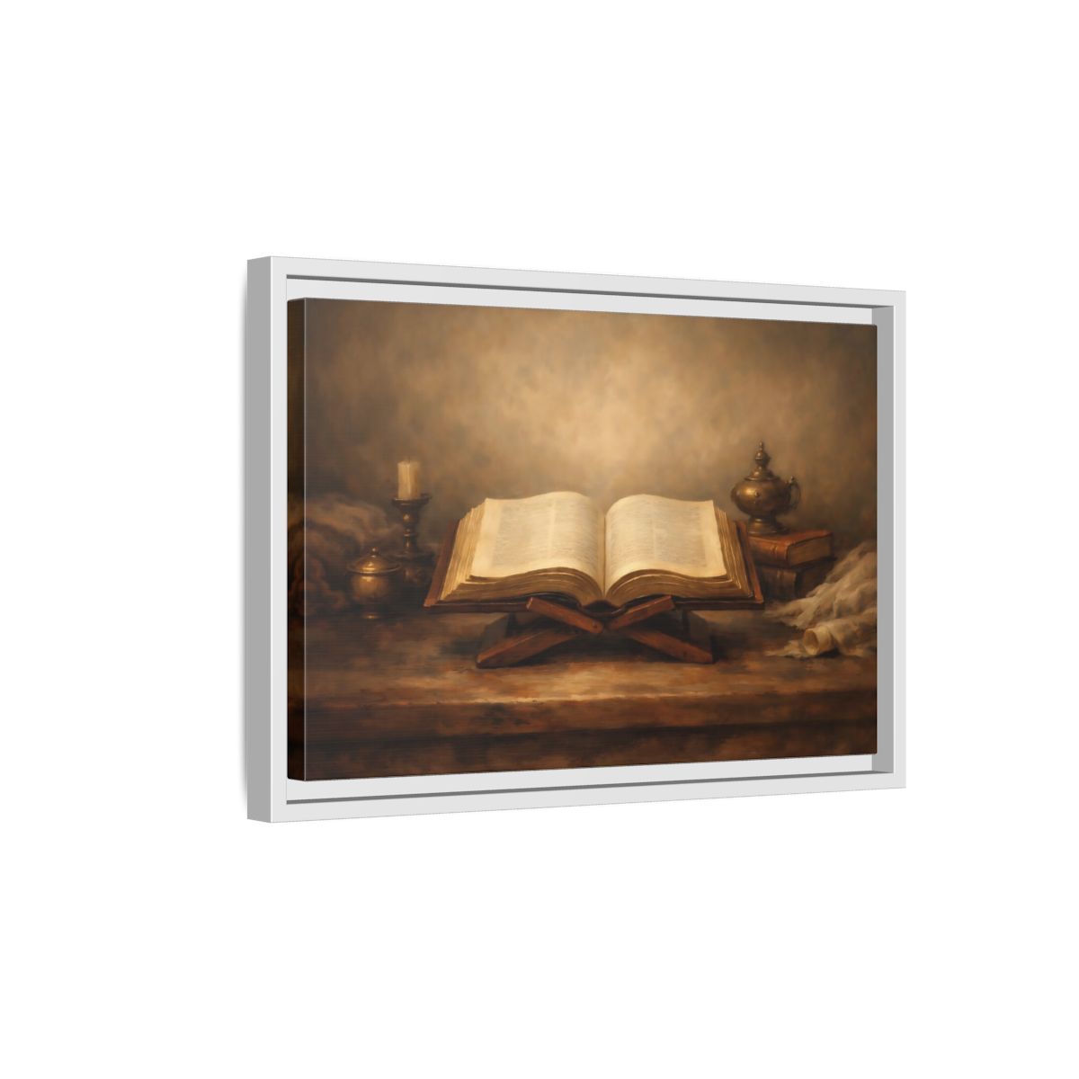 Side Mockup 4. Vintage Open Book Brown And Gold shown as stretched canvas wall art