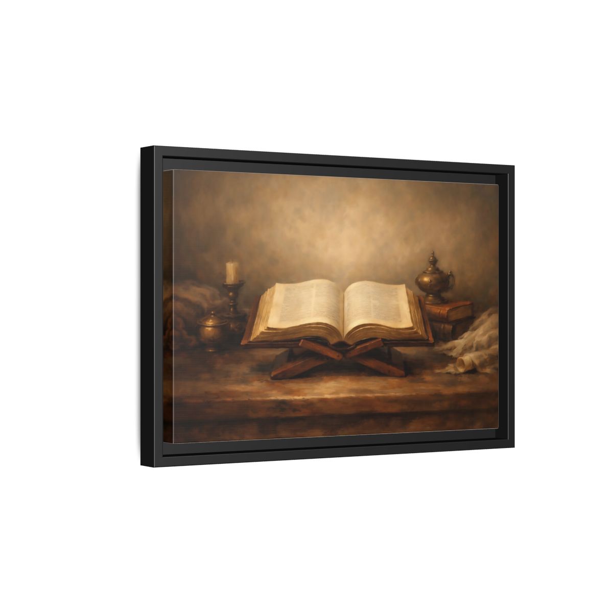 Side Mockup 6. Vintage Open Book Brown And Gold shown as stretched canvas wall art