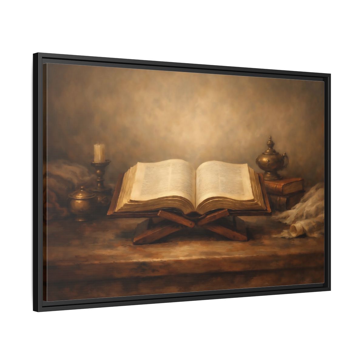 Side Mockup 13. Vintage Open Book Brown And Gold shown as stretched canvas wall art