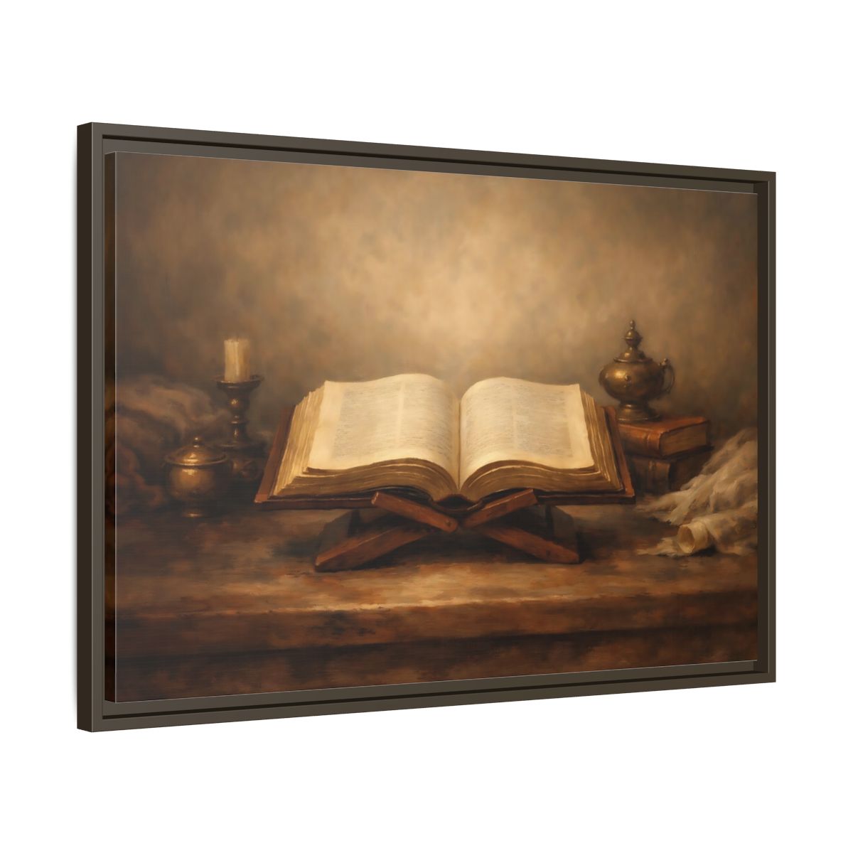 Side Mockup 11. Vintage Open Book Brown And Gold shown as stretched canvas wall art