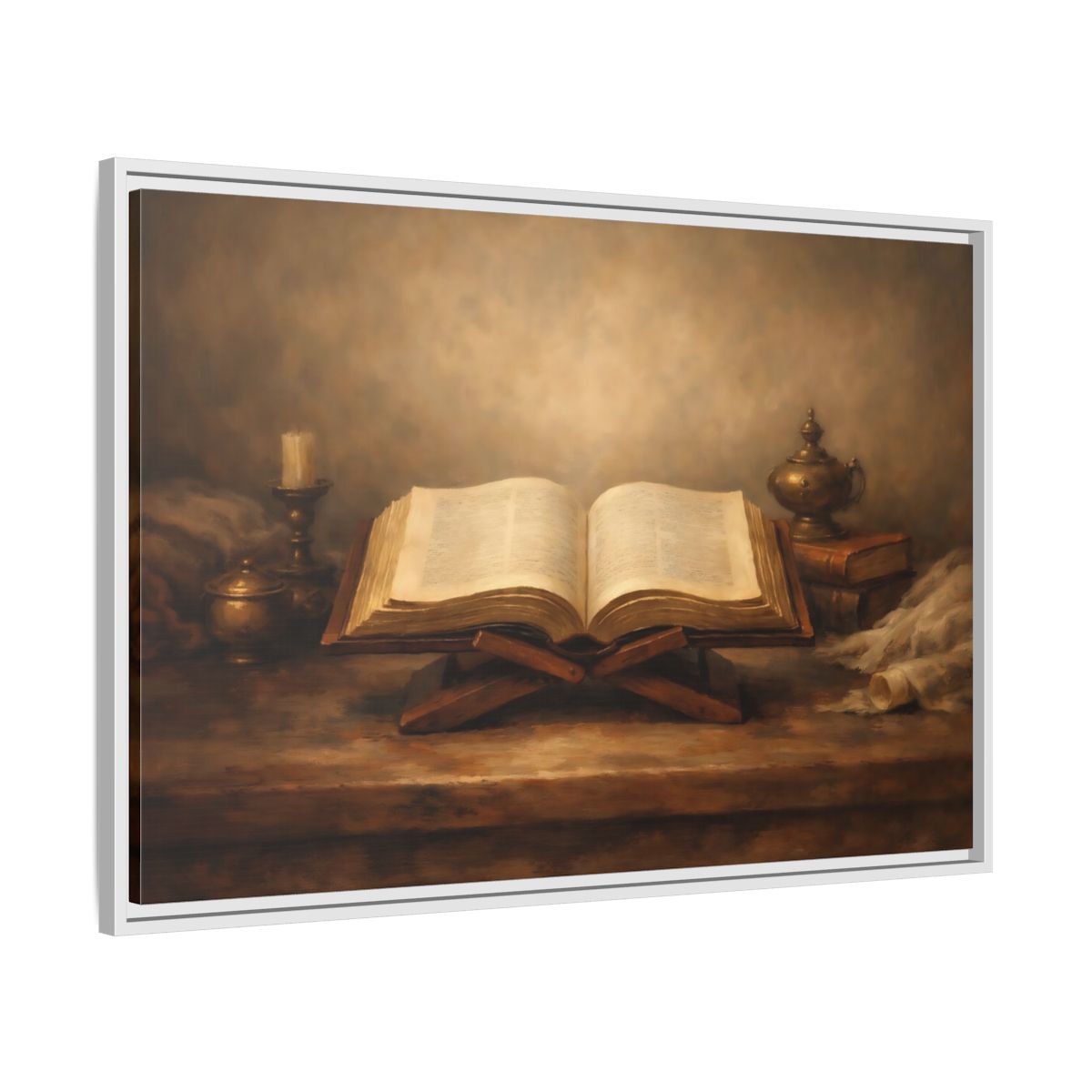 Side Mockup 8. Vintage Open Book Brown And Gold shown as stretched canvas wall art