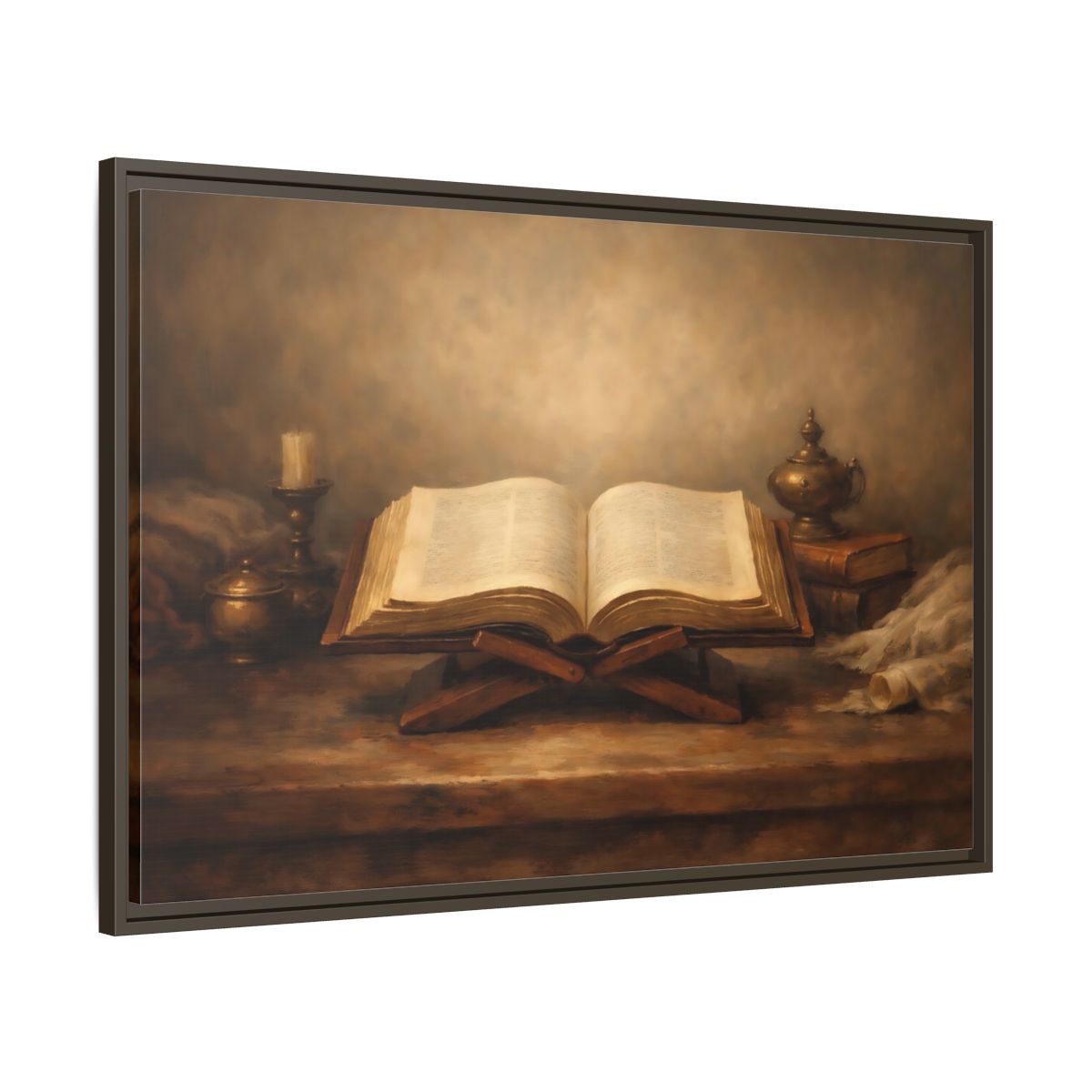 Side Mockup 9. Vintage Open Book Brown And Gold shown as stretched canvas wall art