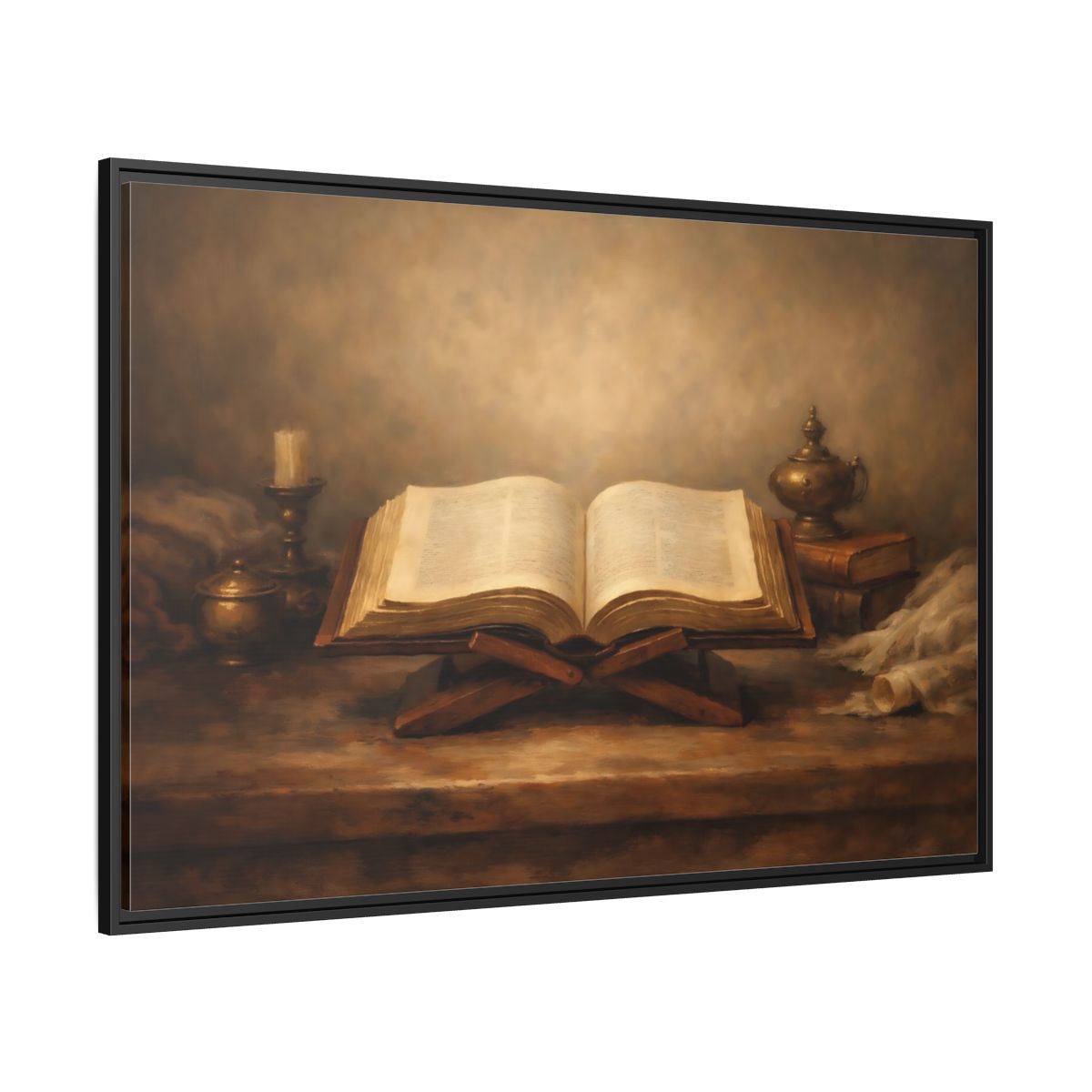 Side Mockup 12. Vintage Open Book Brown And Gold shown as stretched canvas wall art