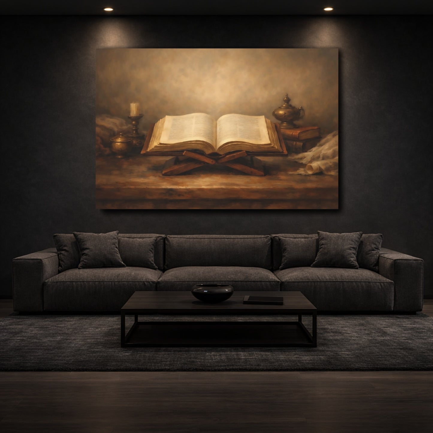 Mockup 2. Vintage Open Book Brown And Gold shown as stretched canvas wall art