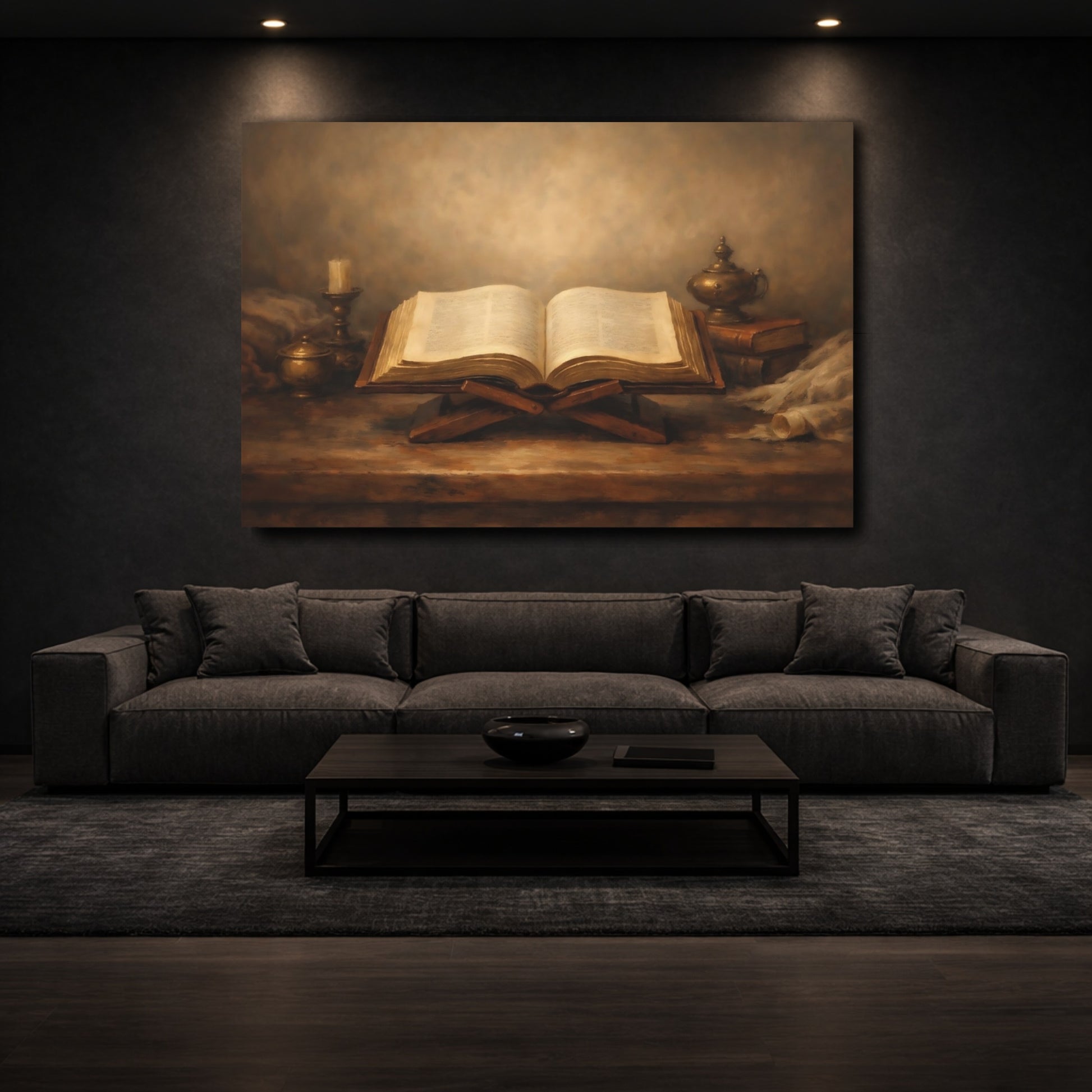 Mockup 2. Vintage Open Book Brown And Gold shown as stretched canvas wall art