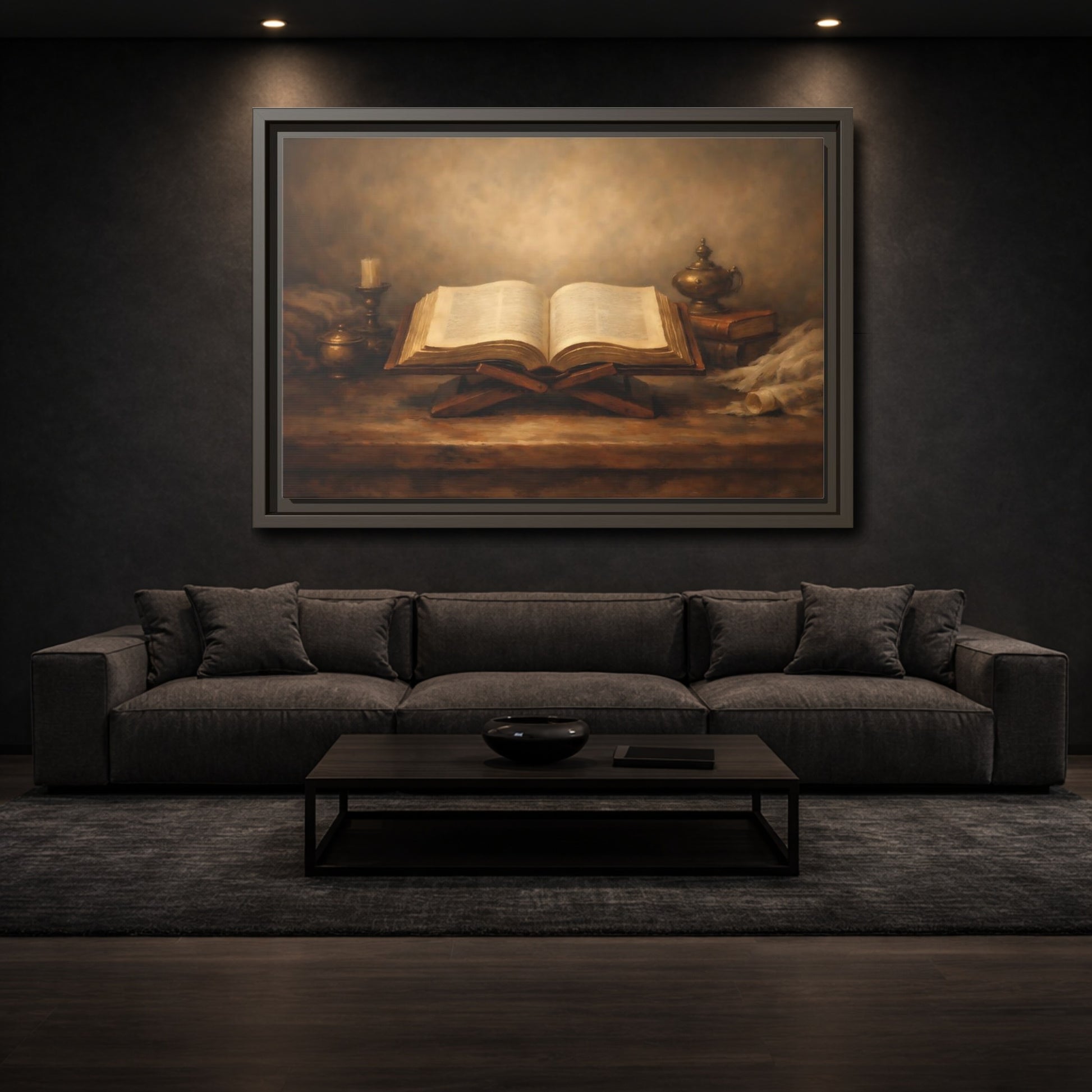 Mockup 2. Vintage Open Book Brown And Gold shown as stretched canvas wall art