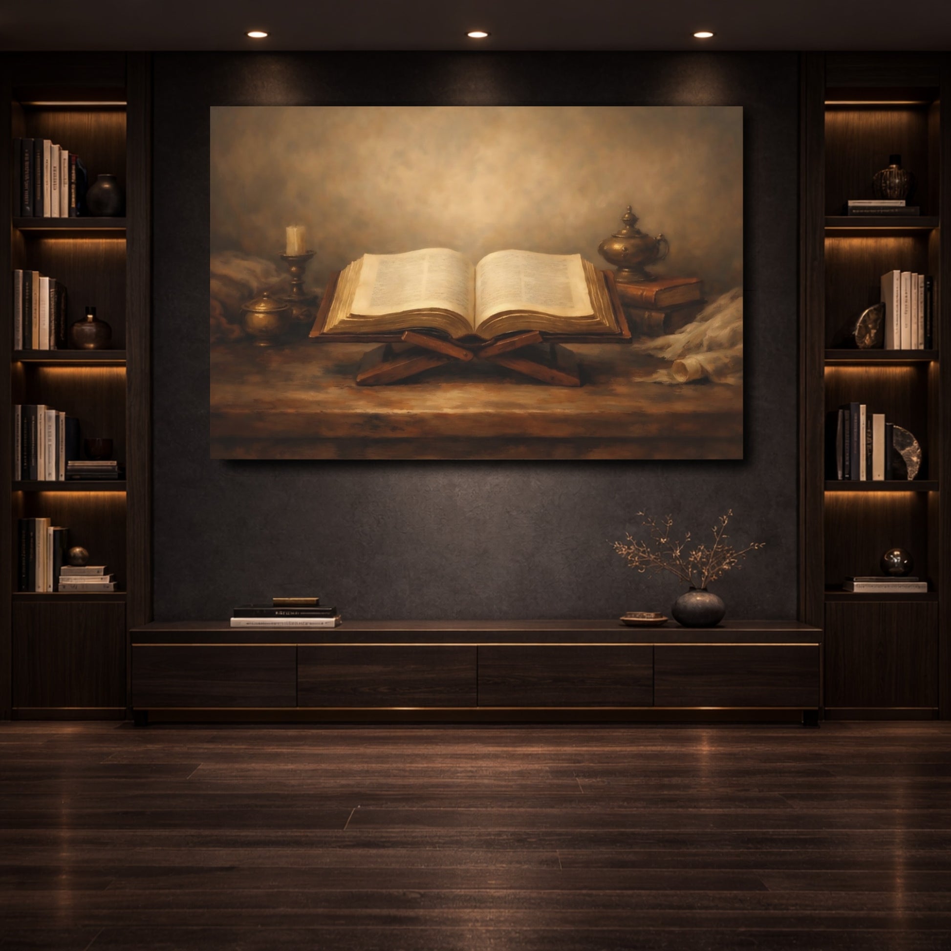 Mockup 3. Vintage Open Book Brown And Gold shown as stretched canvas wall art
