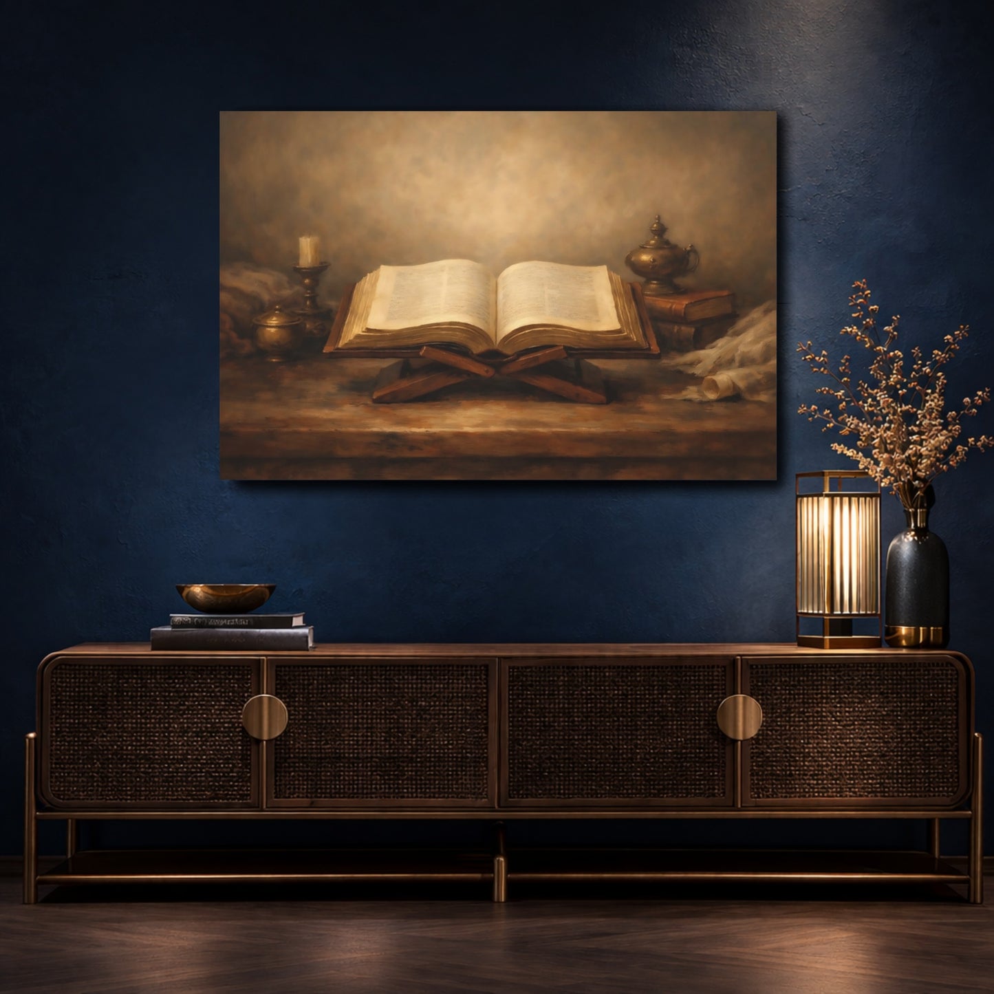 Mockup 4. Vintage Open Book Brown And Gold shown as stretched canvas wall art