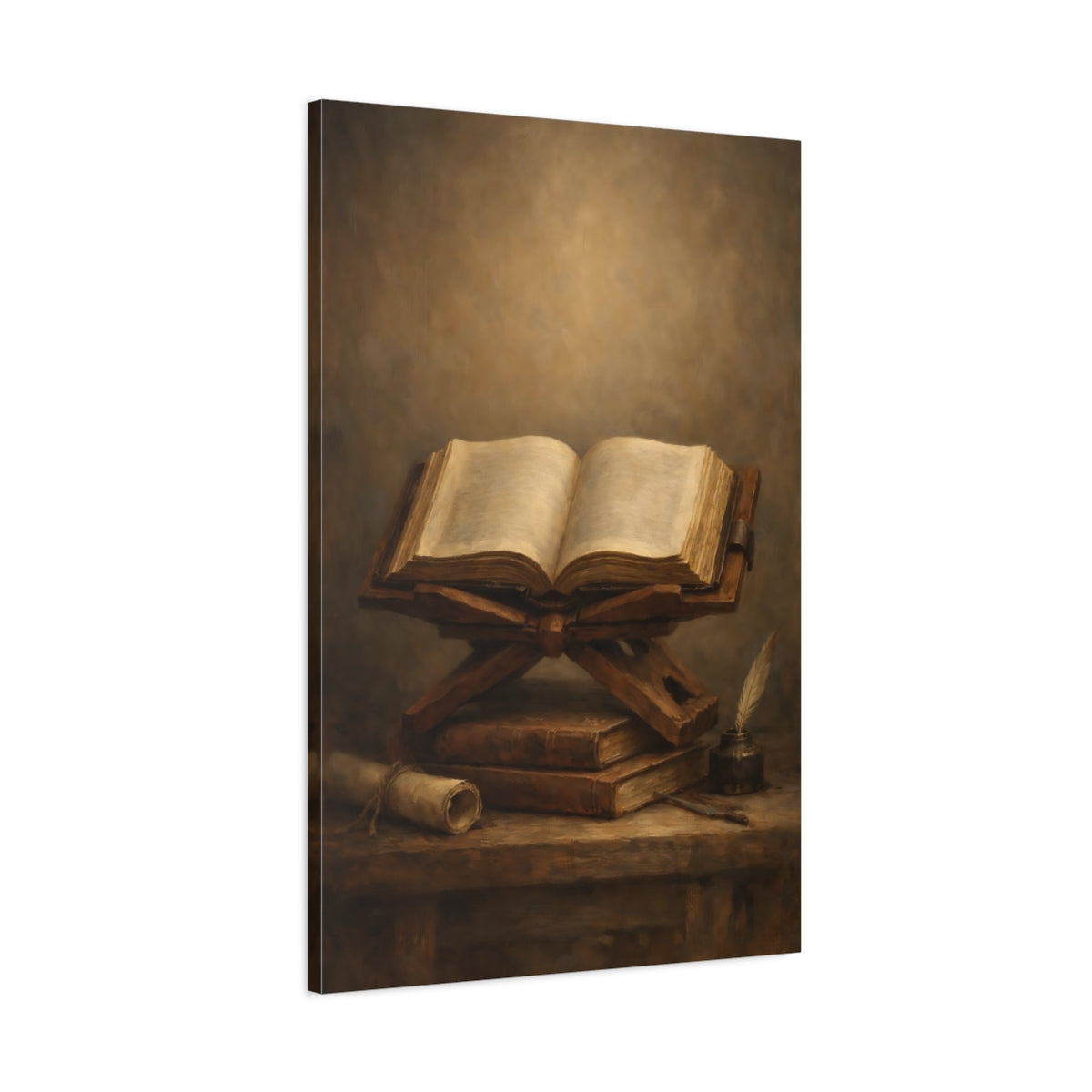Side Mockup 1. Vintage Open Book Vintage Books Still Life shown as stretched canvas wall art