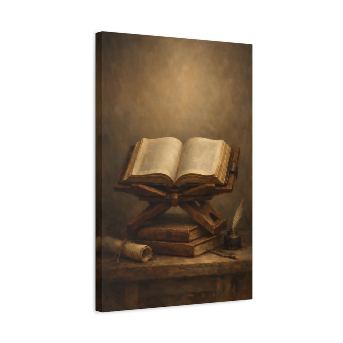 Side Mockup 3. Vintage Open Book Vintage Books Still Life shown as stretched canvas wall art